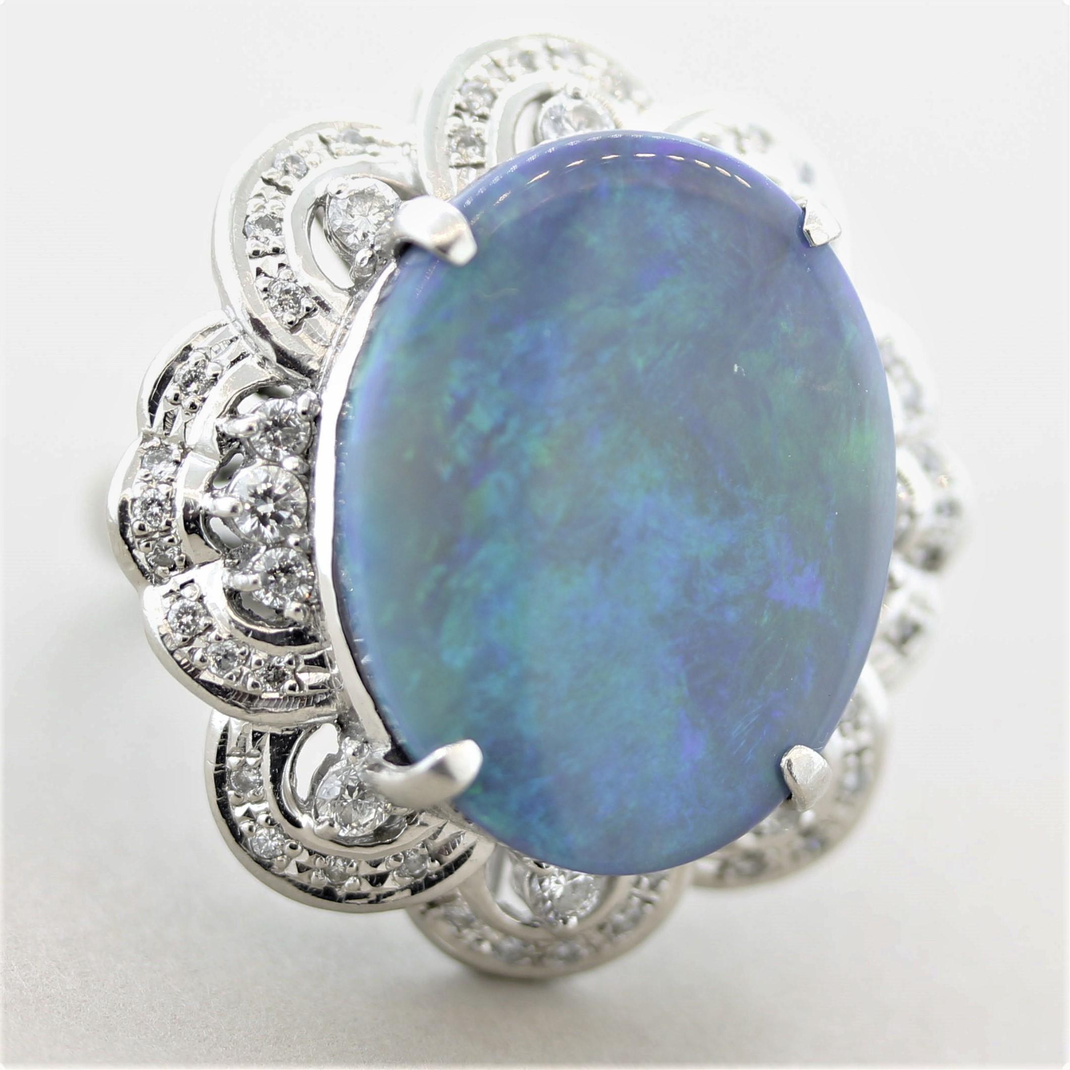 Large Australian Black Opal Diamond Platinum Cocktail Ring In New Condition For Sale In Beverly Hills, CA