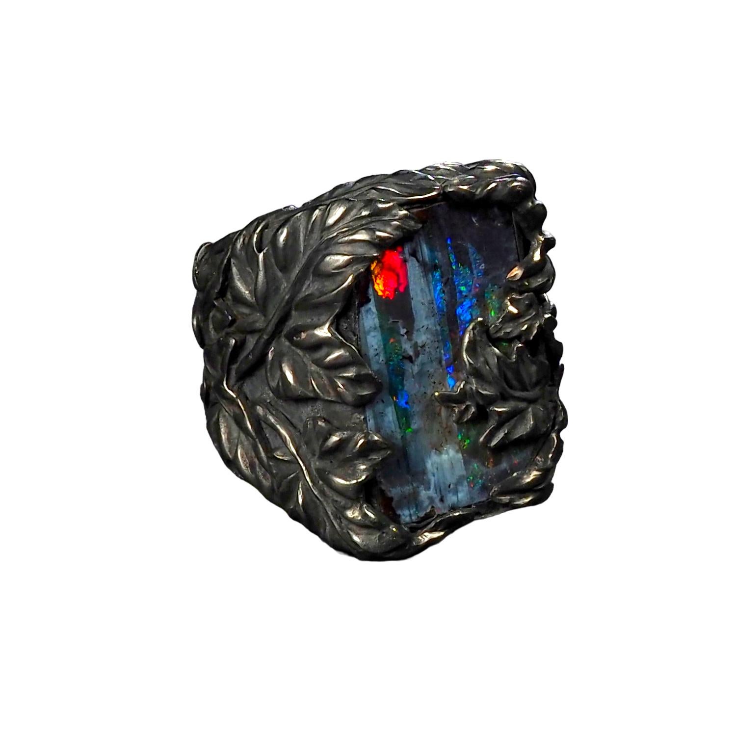 Large Australian Boulder Opal Red Green Blue Gemstone Ivy Silver Ring For Sale 10