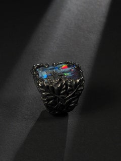 Large Australian Boulder Opal Red Green Blue Gemstone Ivy Silver Ring