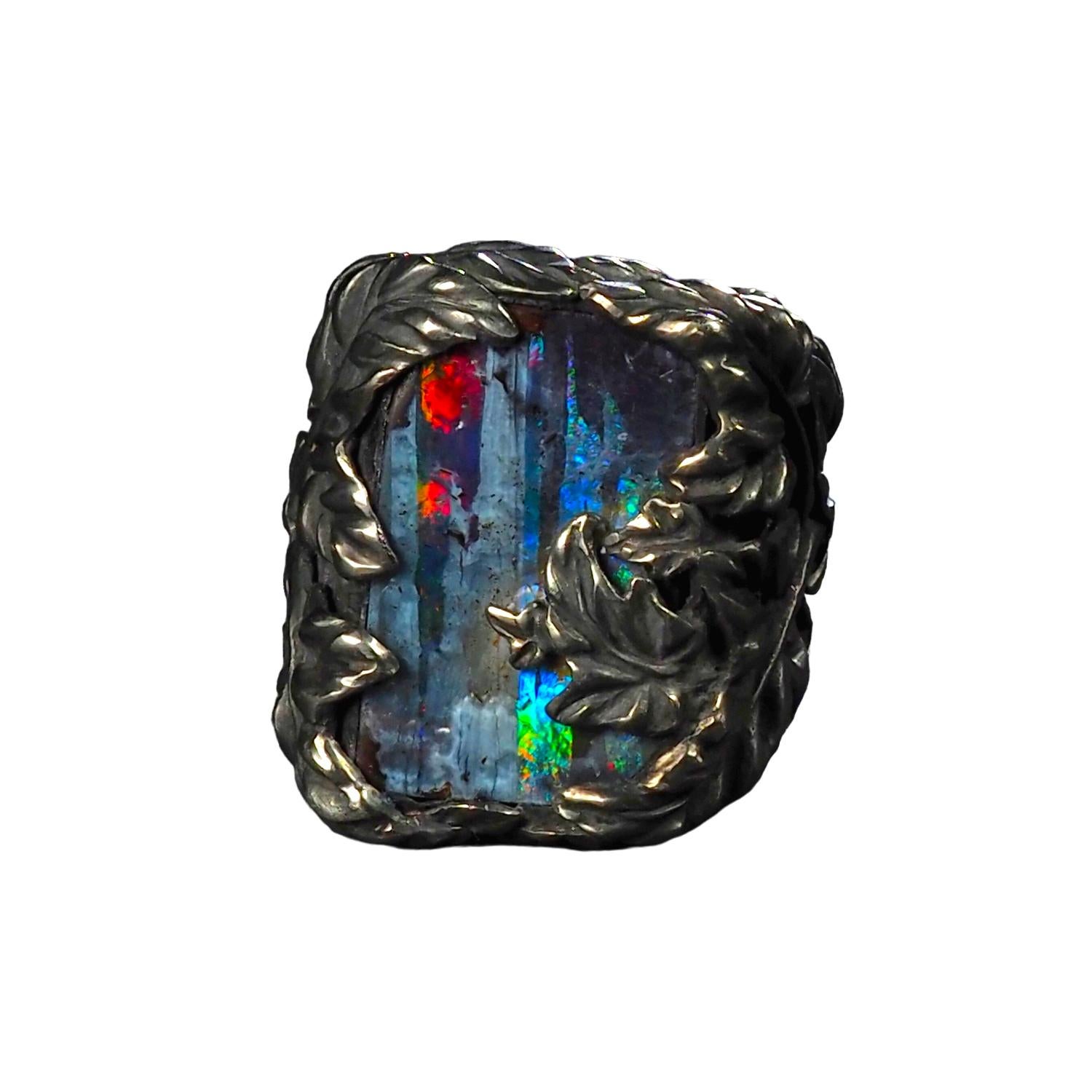 Large Australian Boulder Opal Red Green Blue Gemstone Ivy Silver Ring For Sale 11