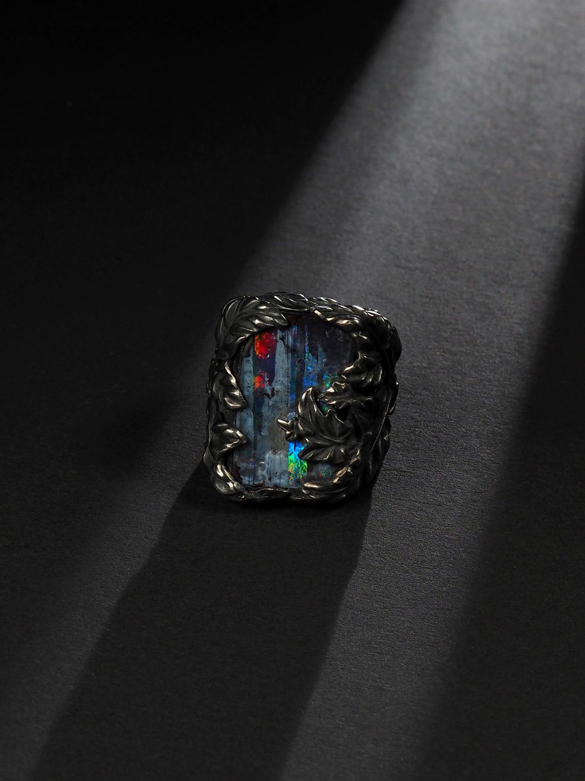 Artisan Large Australian Boulder Opal Red Green Blue Gemstone Ivy Silver Ring For Sale