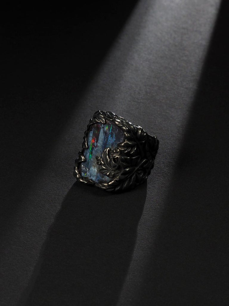 Large Australian Boulder Opal Red Green Blue Gemstone Ivy Silver Ring ...