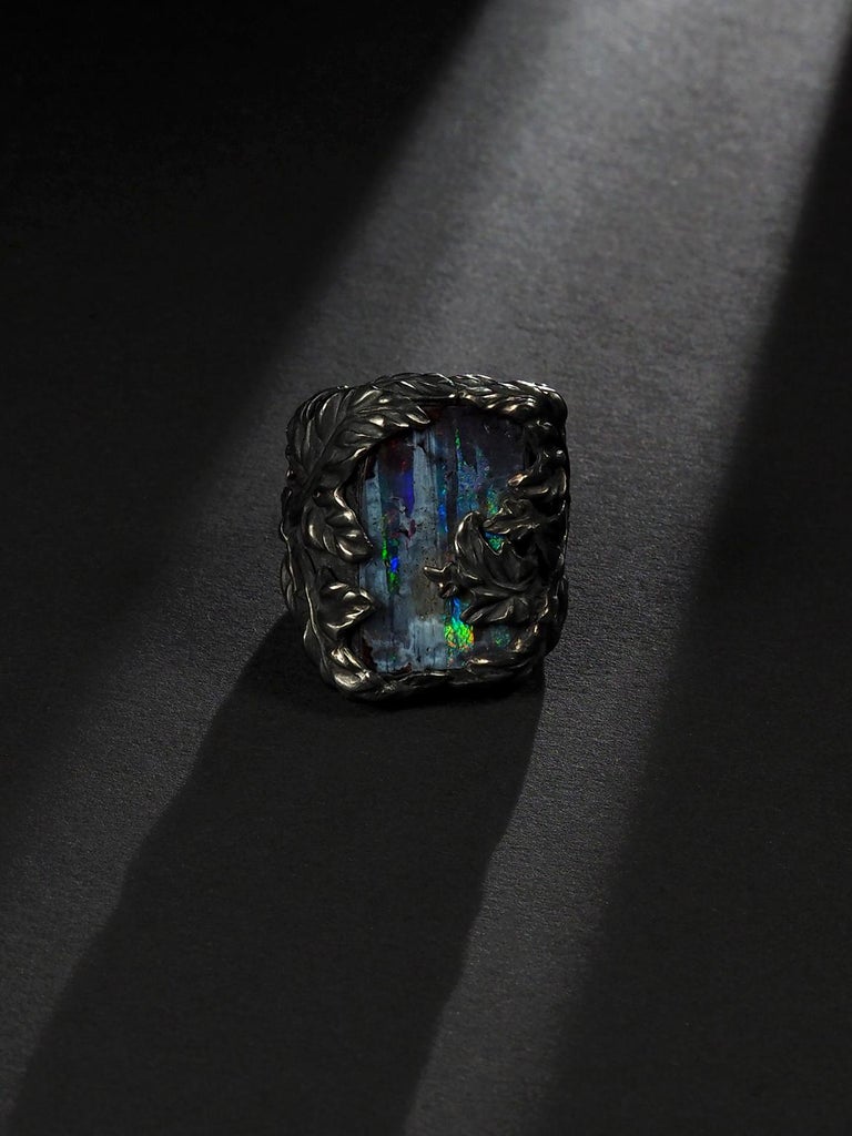 Large Australian Boulder Opal Red Green Blue Gemstone Ivy Silver Ring ...