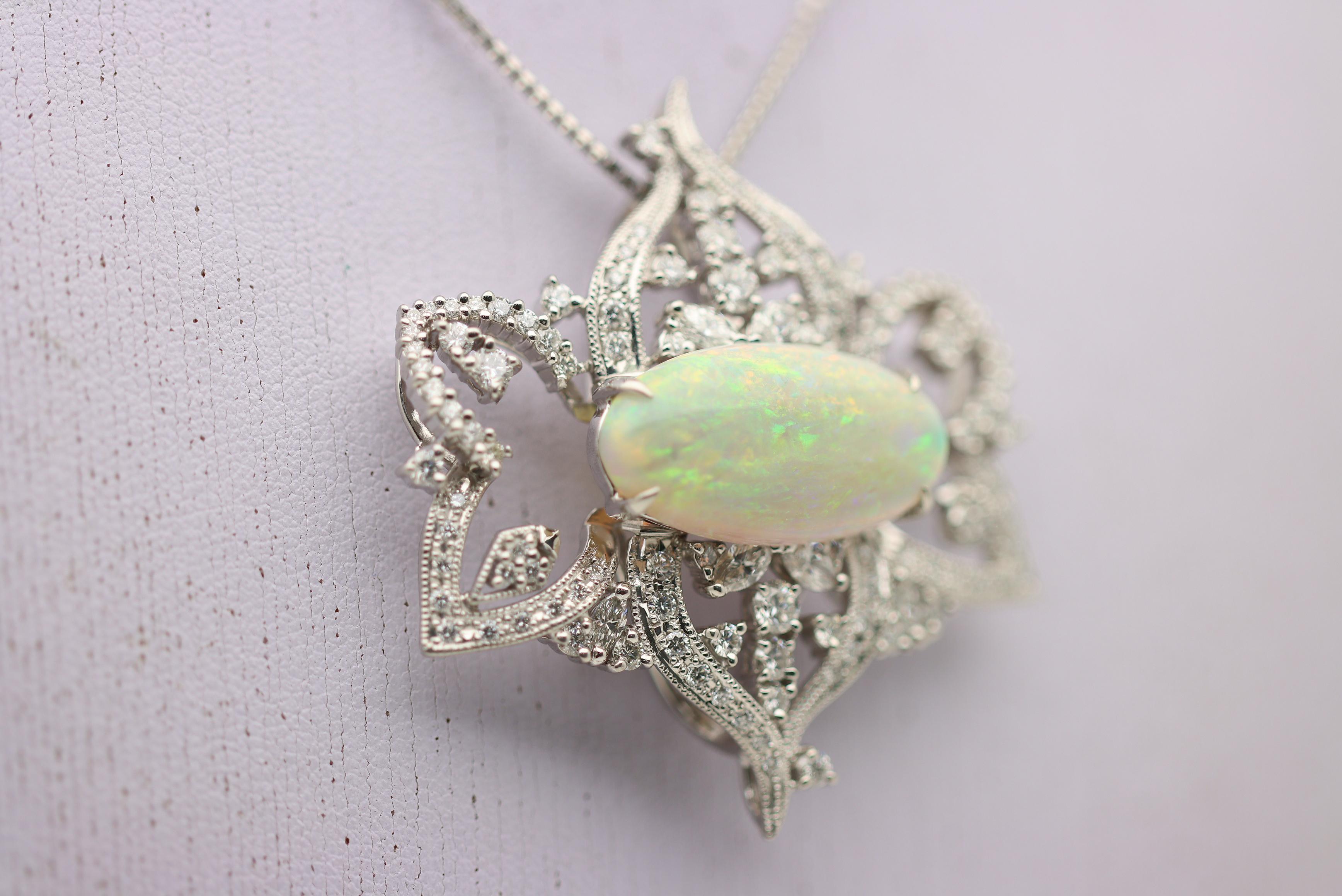 Large Australian Crystal Opal Diamond Platinum Pendant In New Condition For Sale In Beverly Hills, CA