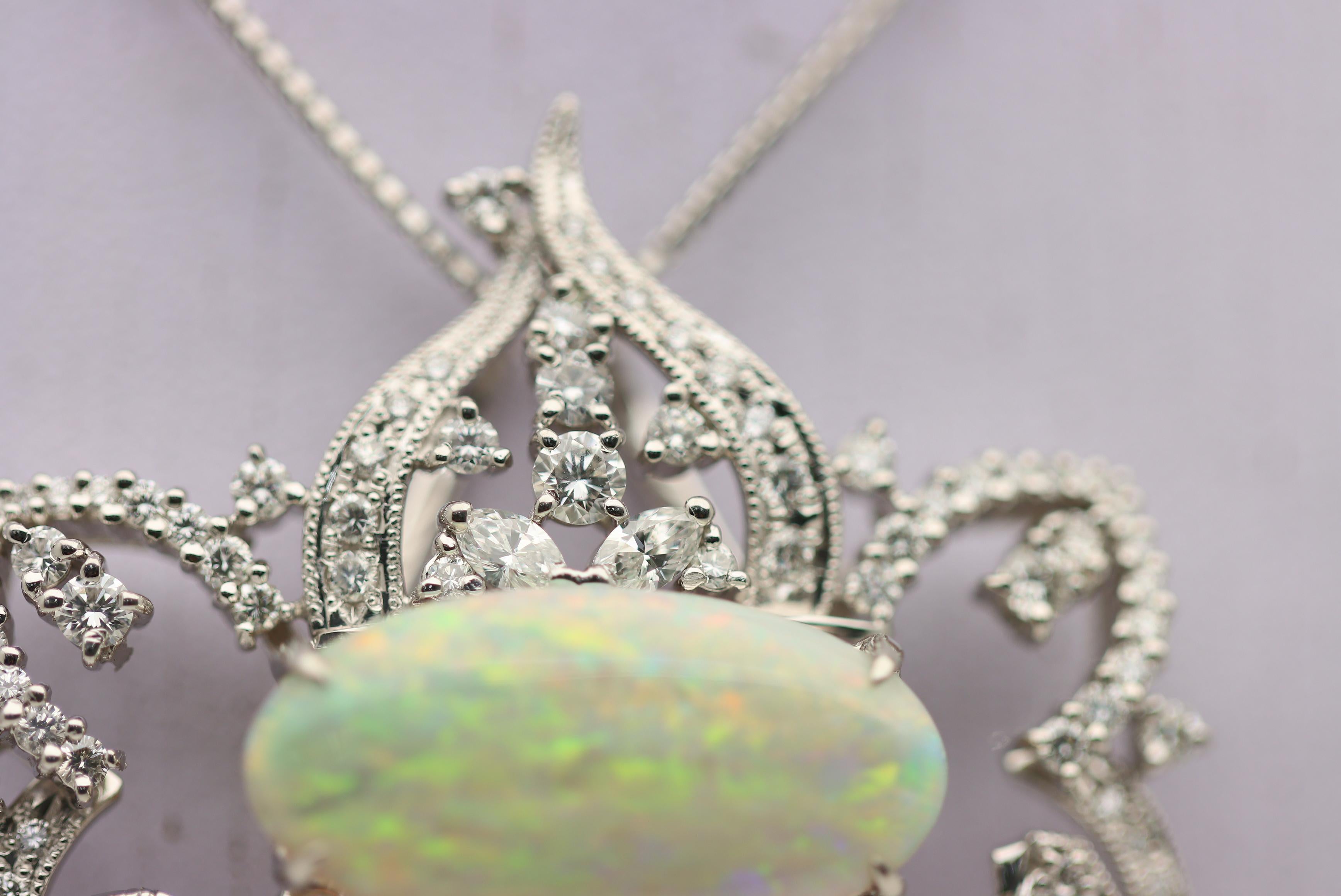 Women's Large Australian Crystal Opal Diamond Platinum Pendant For Sale