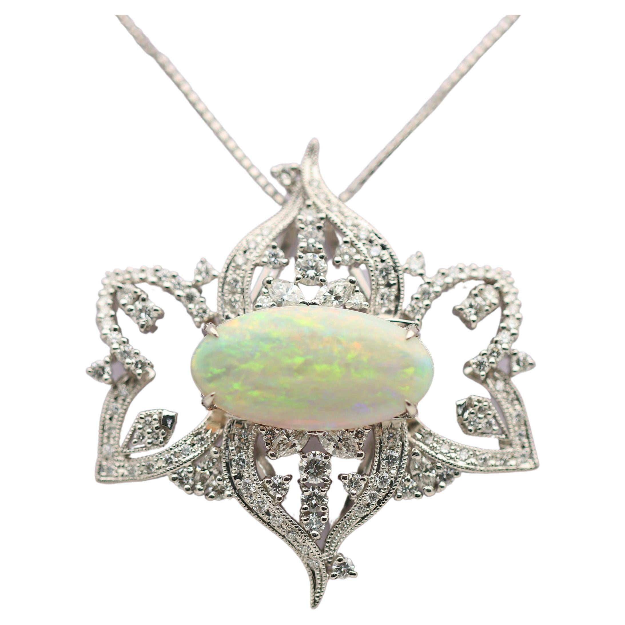 Large Australian Crystal Opal Diamond Platinum Pendant For Sale