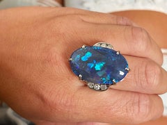Large Australian Lightning Ridge Black Opal and Diamond Ring in 18k White Gold