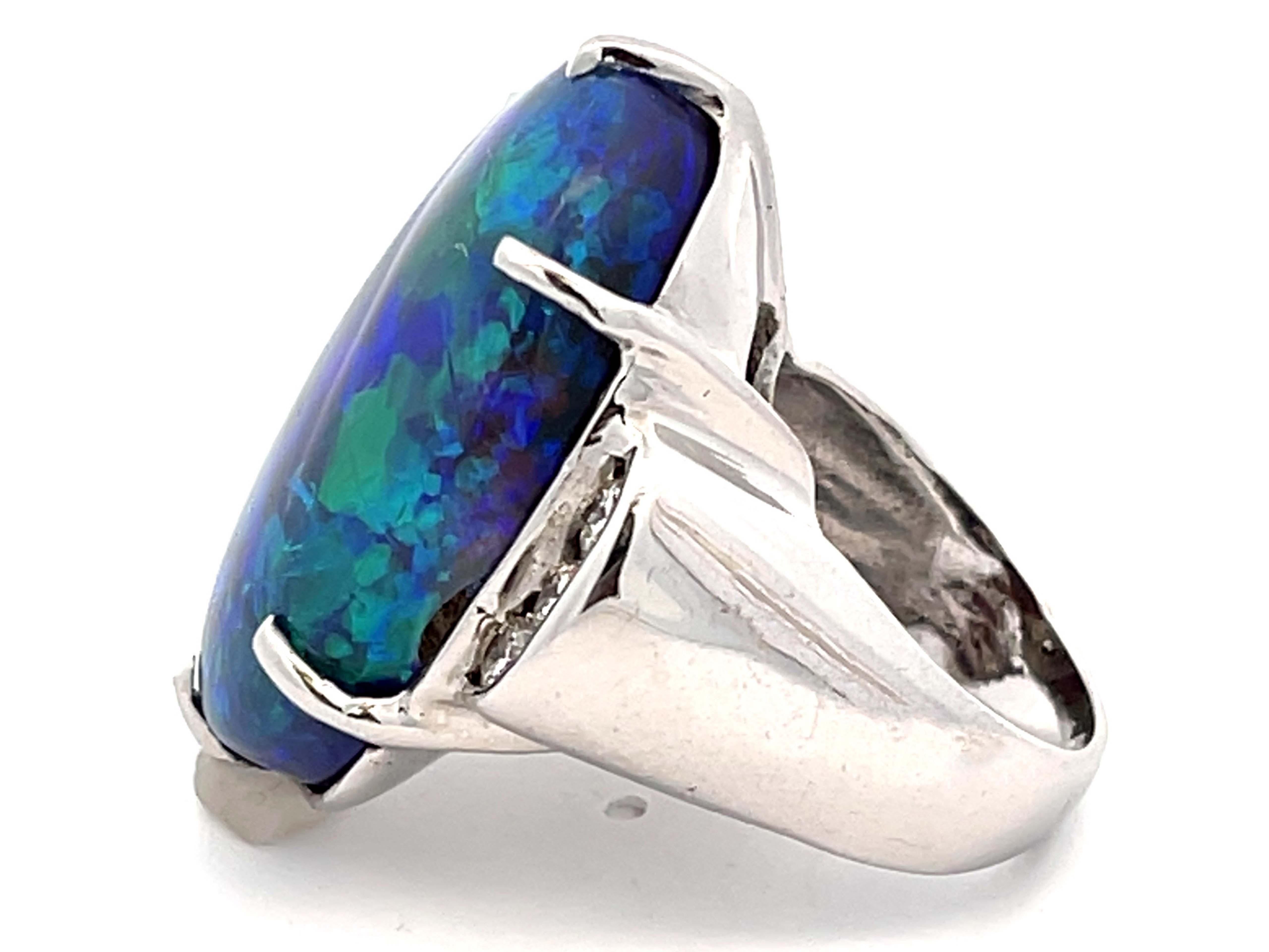 Modern Large Australian Lightning Ridge Black Opal and Diamond Ring in 18k White Gold For Sale