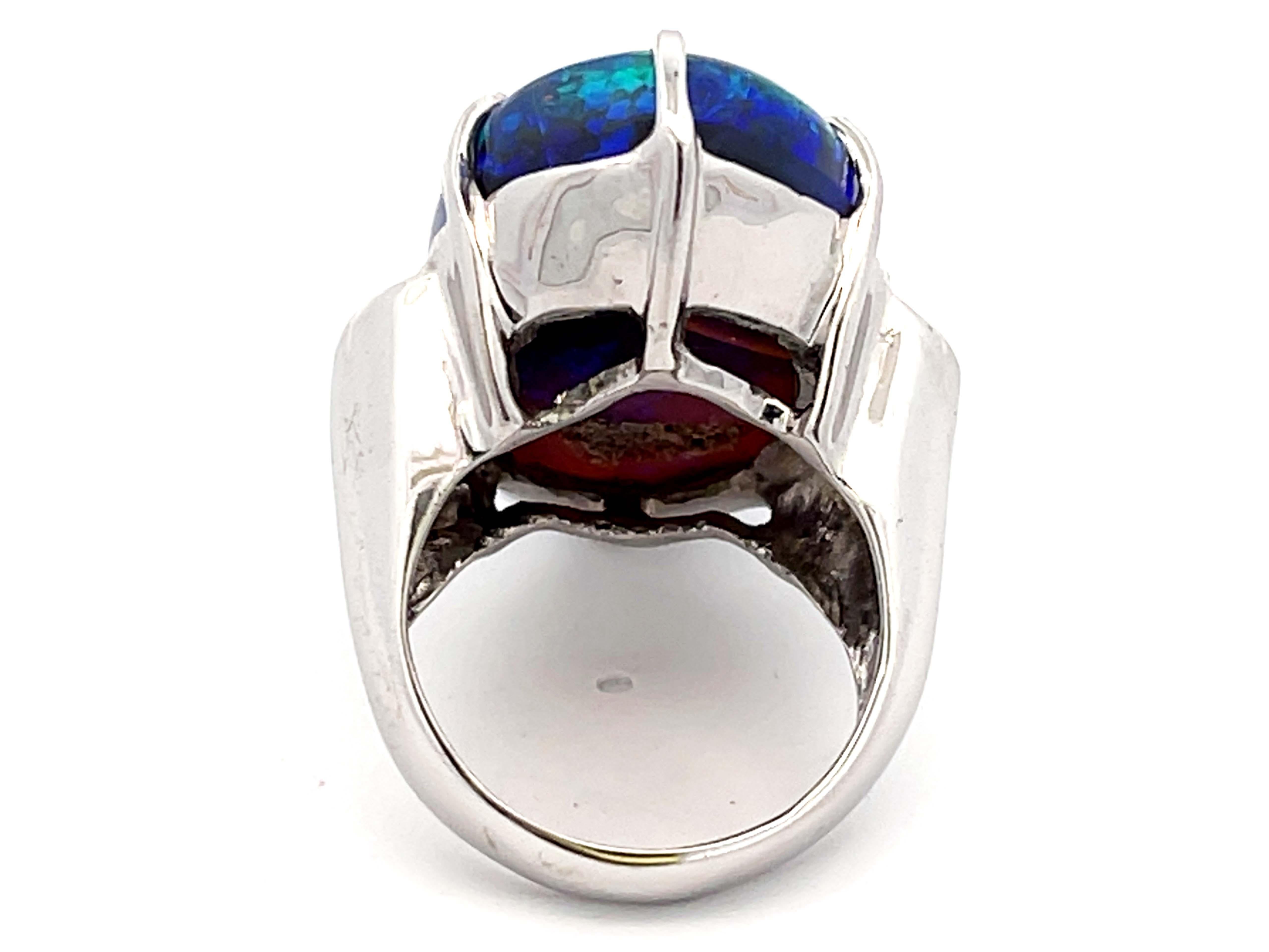 Oval Cut Large Australian Lightning Ridge Black Opal and Diamond Ring in 18k White Gold For Sale