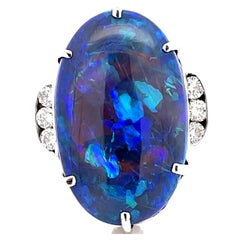 Retro Large Australian Lightning Ridge Black Opal and Diamond Ring in 18k White Gold