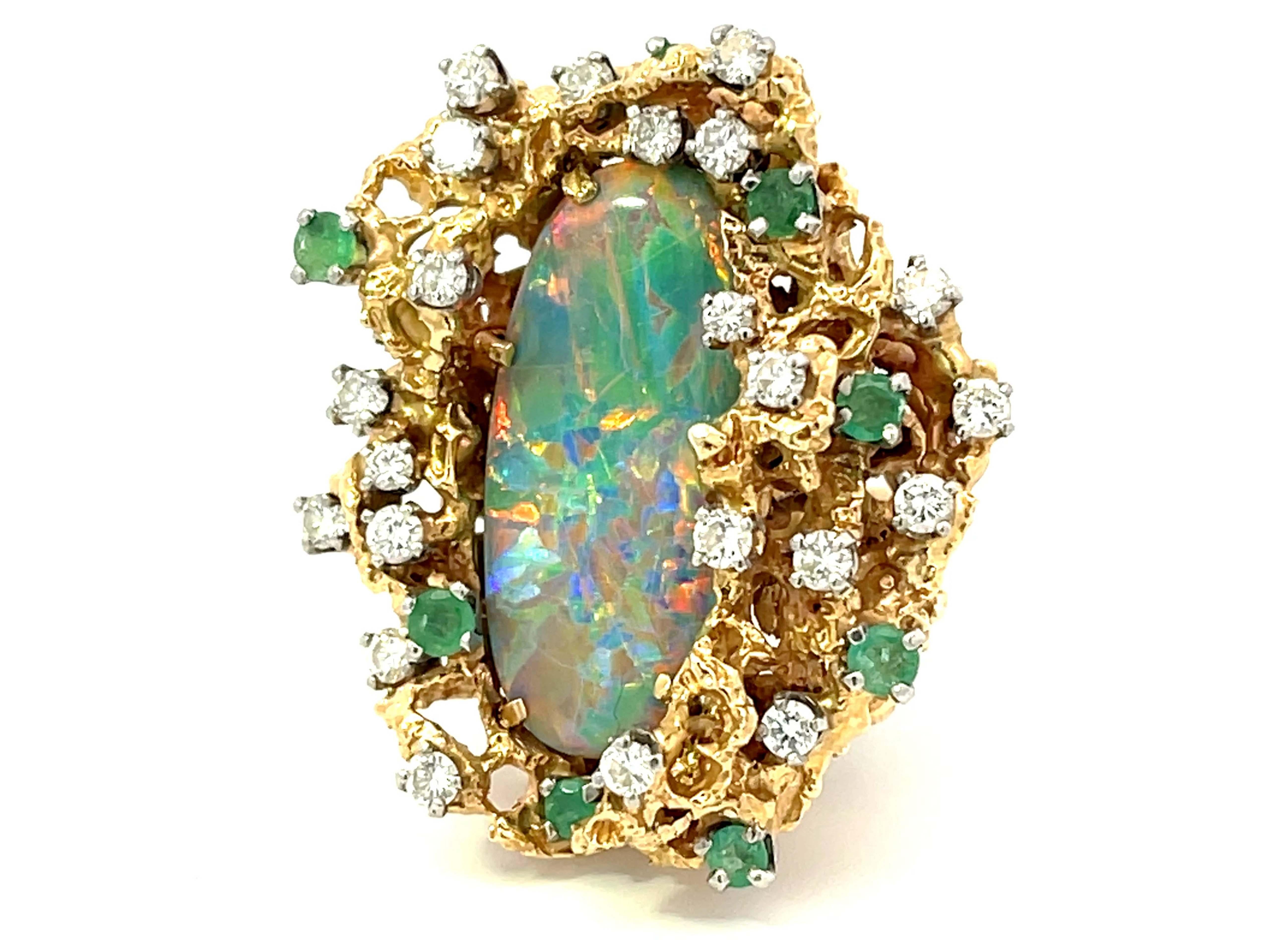 Großer australischer Lichter-Ring aus 14 Karat Gelbgold mit Opal, Smaragd und Diamant (Moderne)