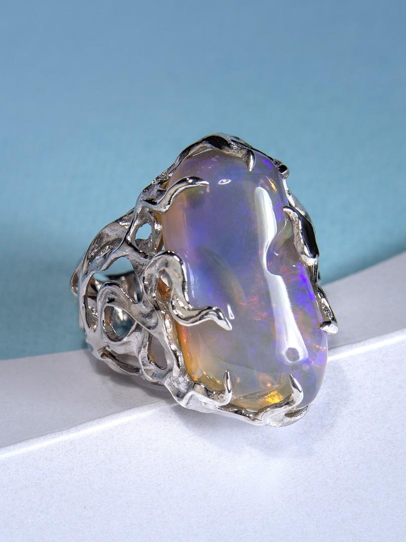 Aesthetic Movement Large Australian Neon Opal Silver Engagement Ring For Sale
