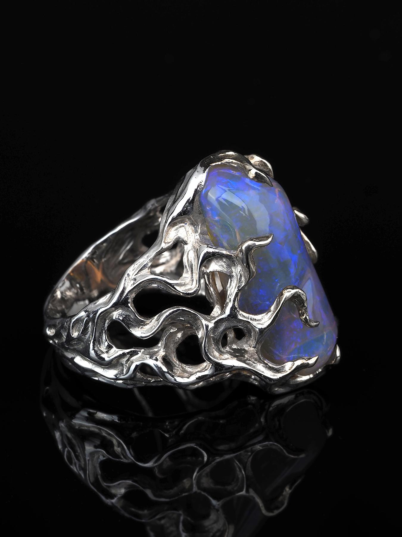 Cabochon Large Australian Neon Opal Silver Engagement Ring For Sale