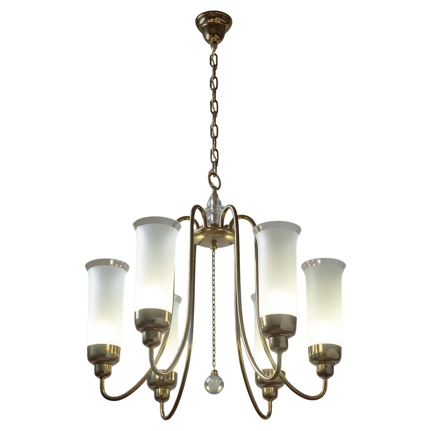 Large Austrian Brass and Glass Chandelier, 1940s