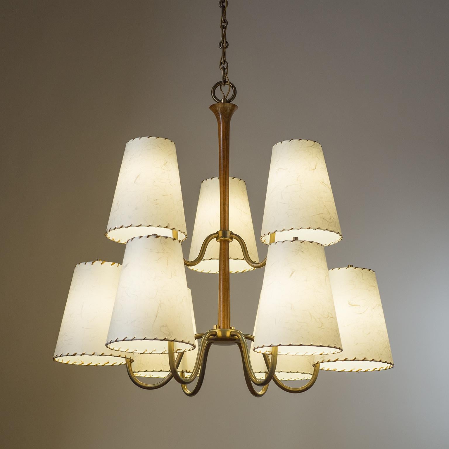 Large Austrian Chandelier, 1930s, Brass, Wood and Paper Shades 6