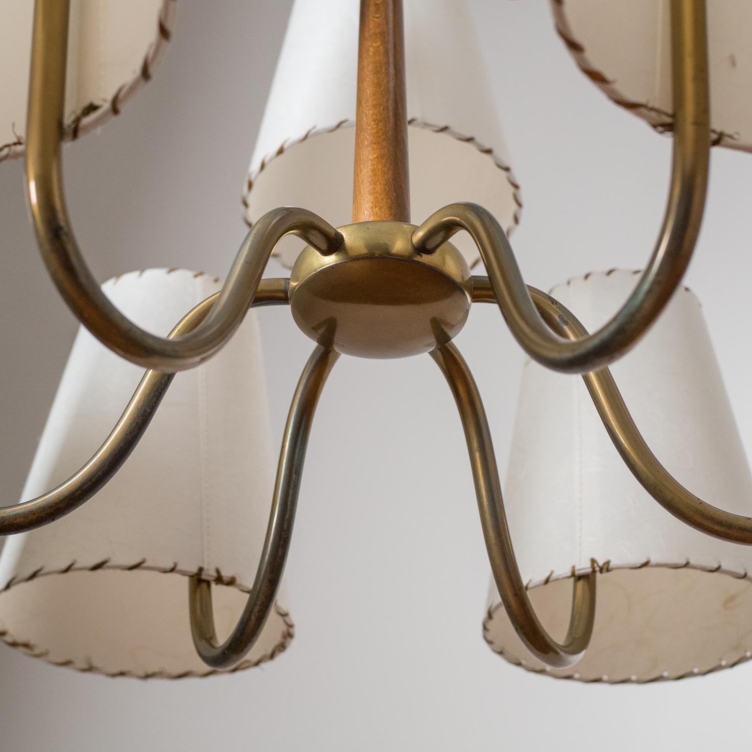 Large Austrian Chandelier, 1930s, Brass, Wood and Paper Shades 8