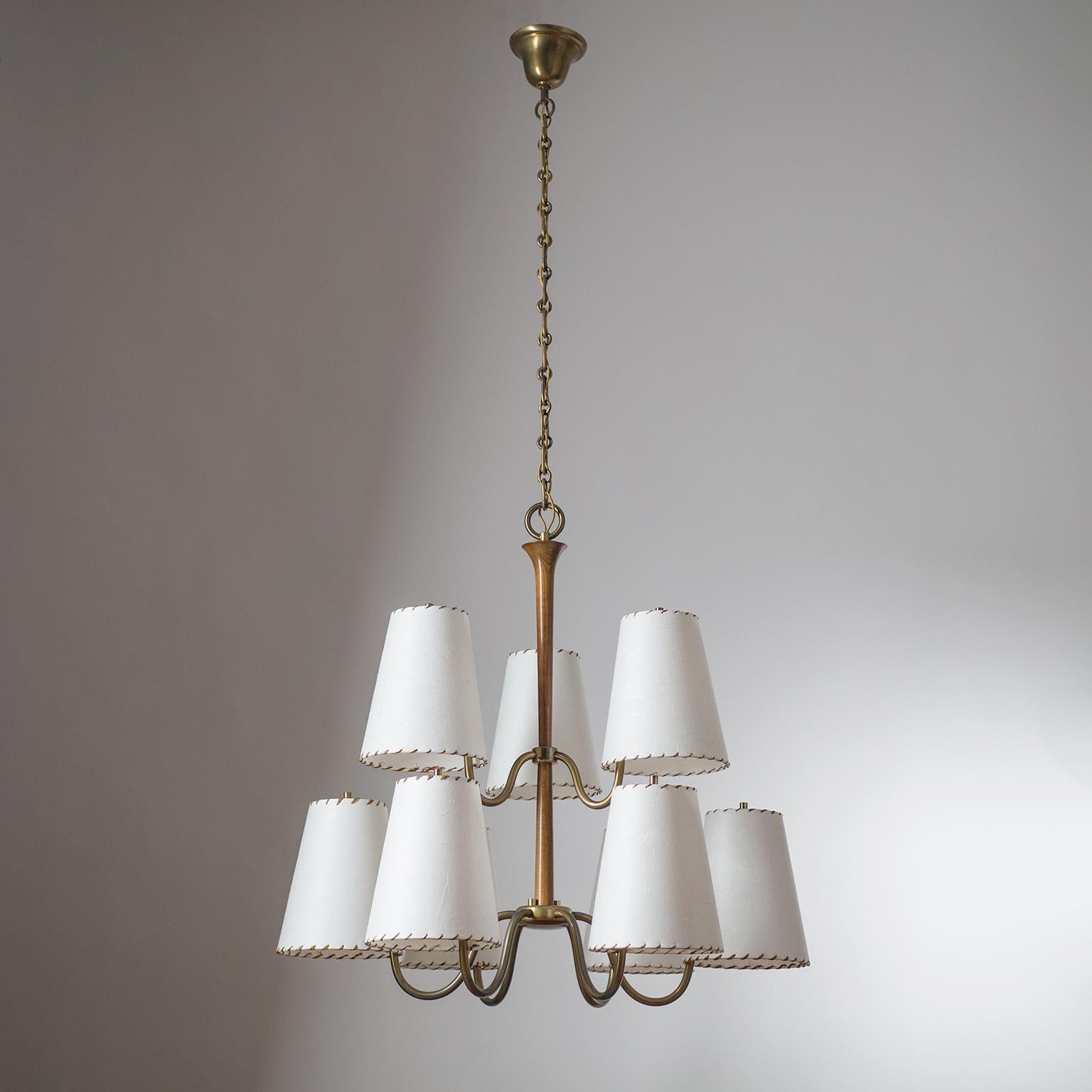 Large Austrian Chandelier, 1930s, Brass, Wood and Paper Shades 9