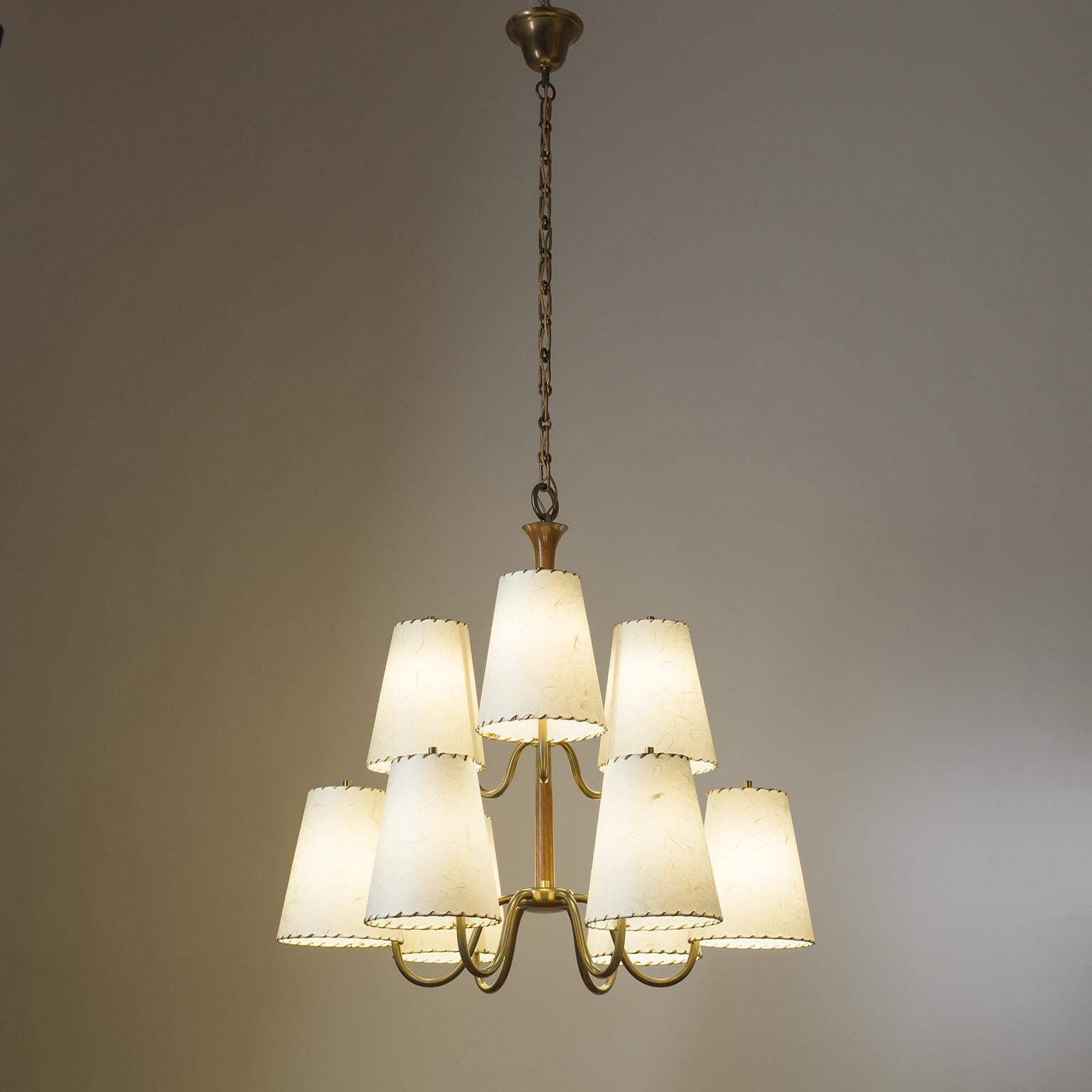 Large Austrian Chandelier, 1930s, Brass, Wood and Paper Shades 11