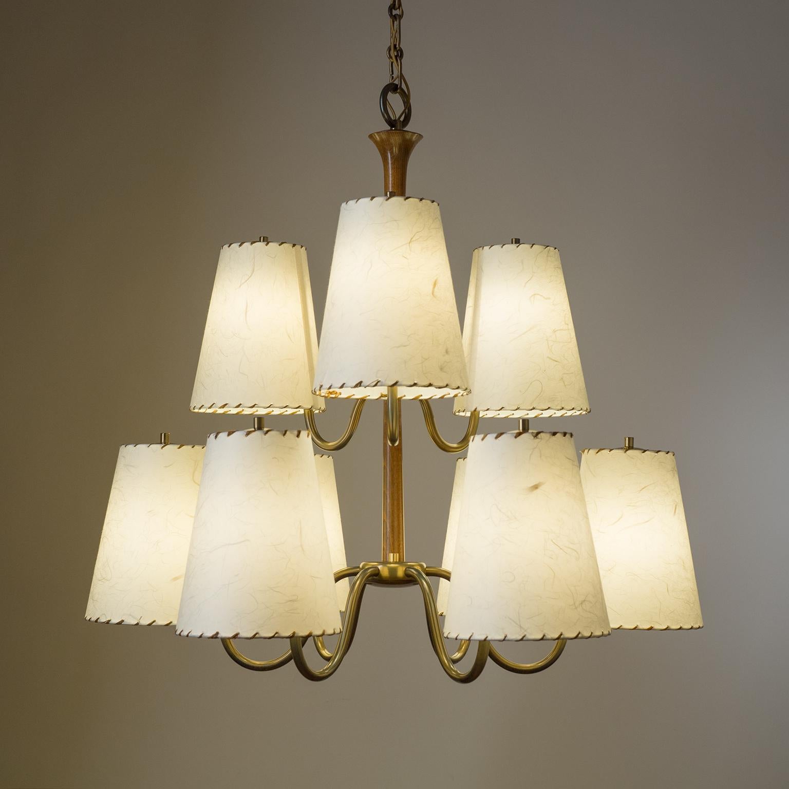 Art Deco Large Austrian Chandelier, 1930s, Brass, Wood and Paper Shades