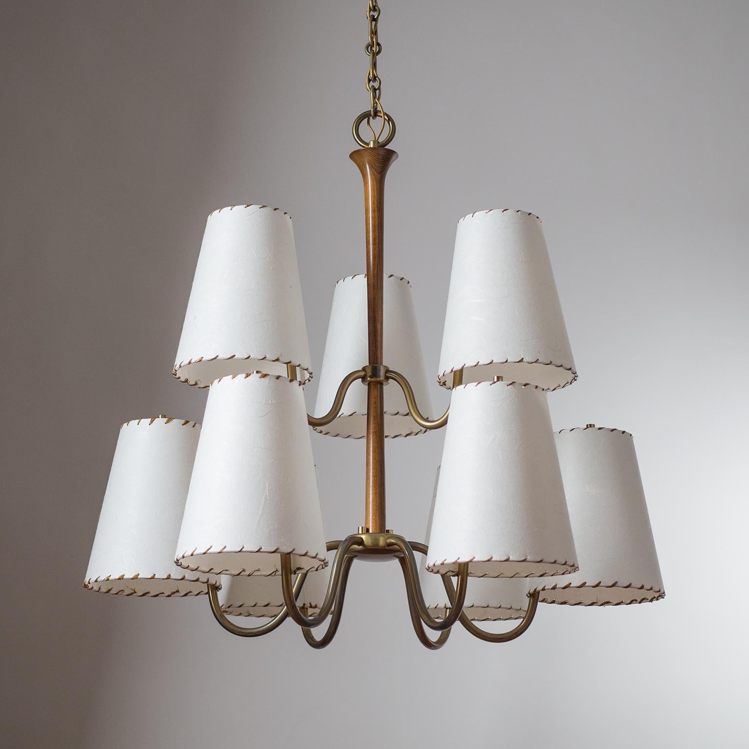 Large Austrian Chandelier, 1930s, Brass, Wood and Paper Shades 1