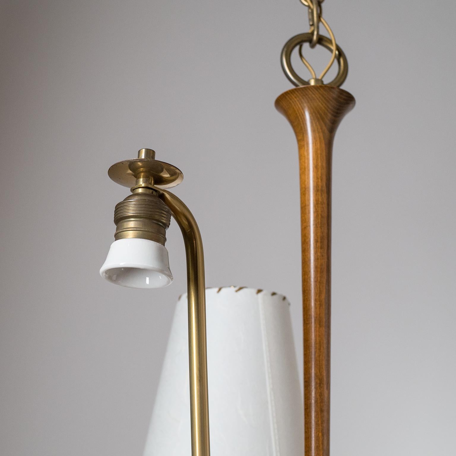 Large Austrian Chandelier, 1930s, Brass, Wood and Paper Shades 2