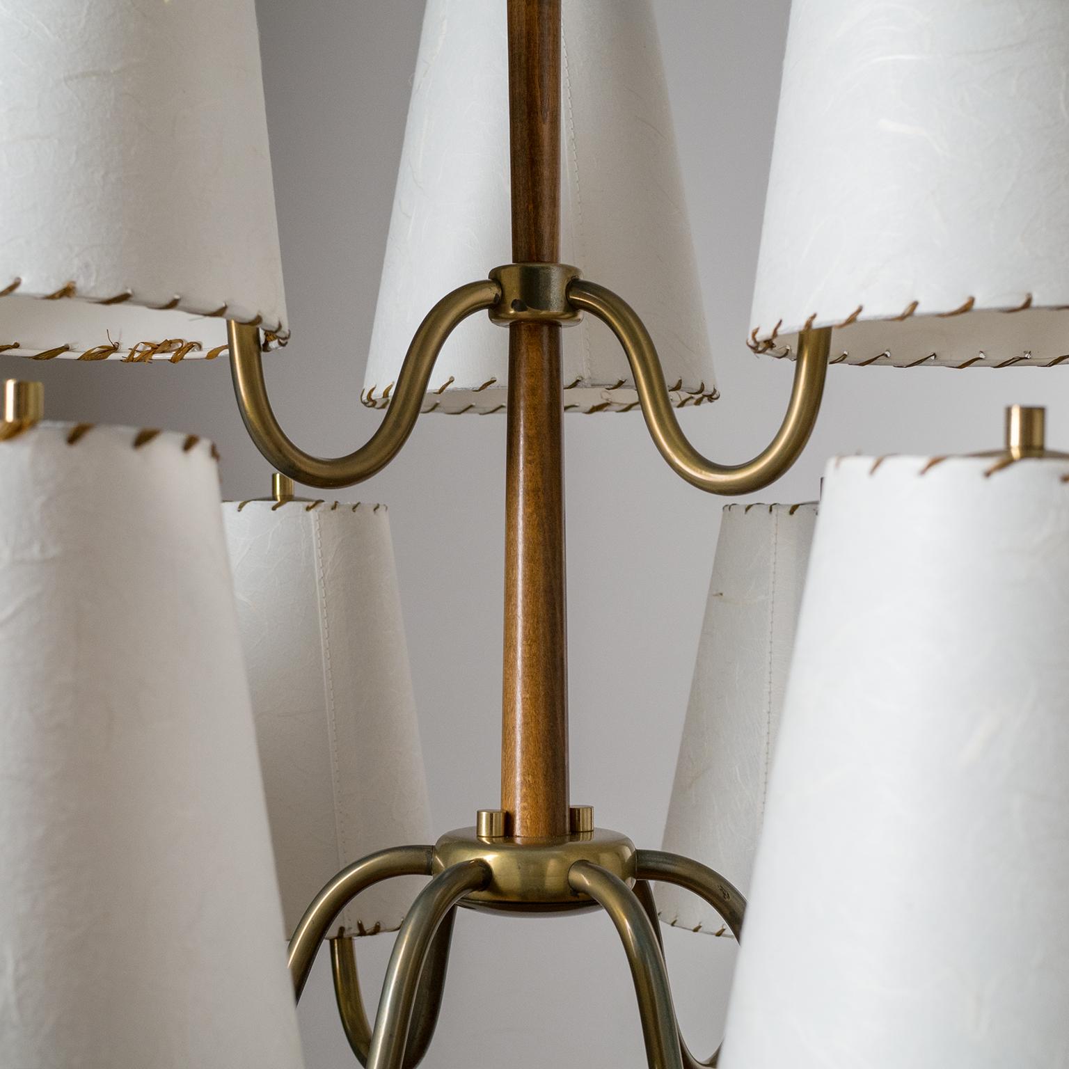 Large Austrian Chandelier, 1930s, Brass, Wood and Paper Shades 4