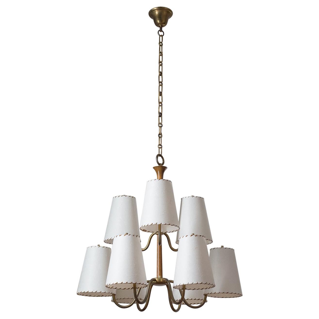 Large Austrian Chandelier, 1930s, Brass, Wood and Paper Shades
