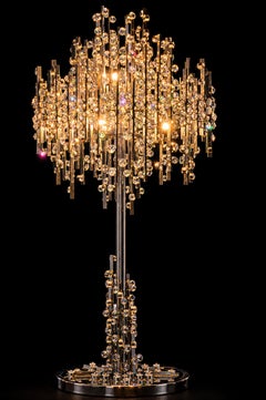 Grande lampada da tavolo austriaca in cromo e cristallo intagliato, attribuita a Palwa, anni '70