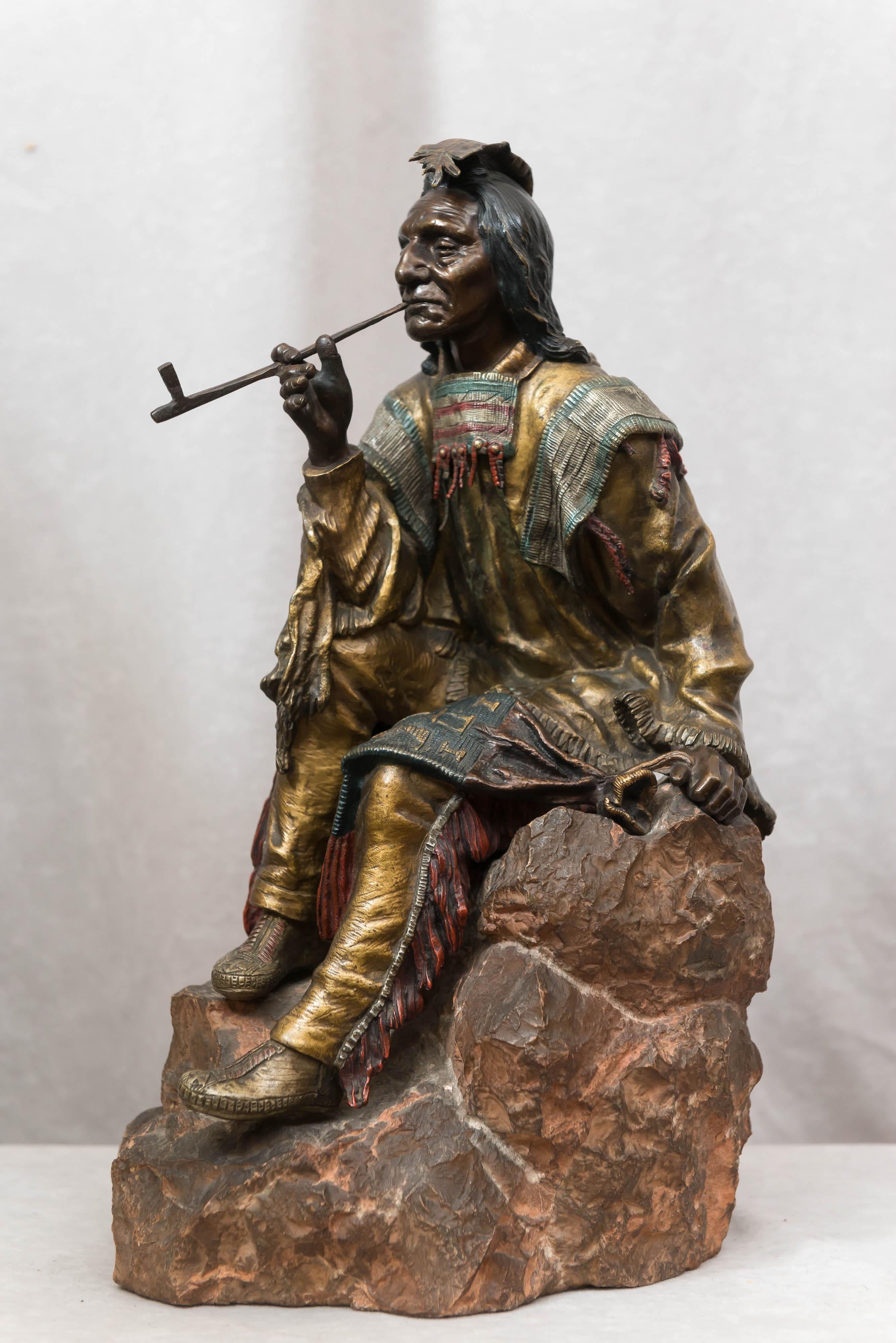 Hand-Crafted Large Austrian Cold Painted Bronze Figure of an Indian by Carl Kauba, circa 1900