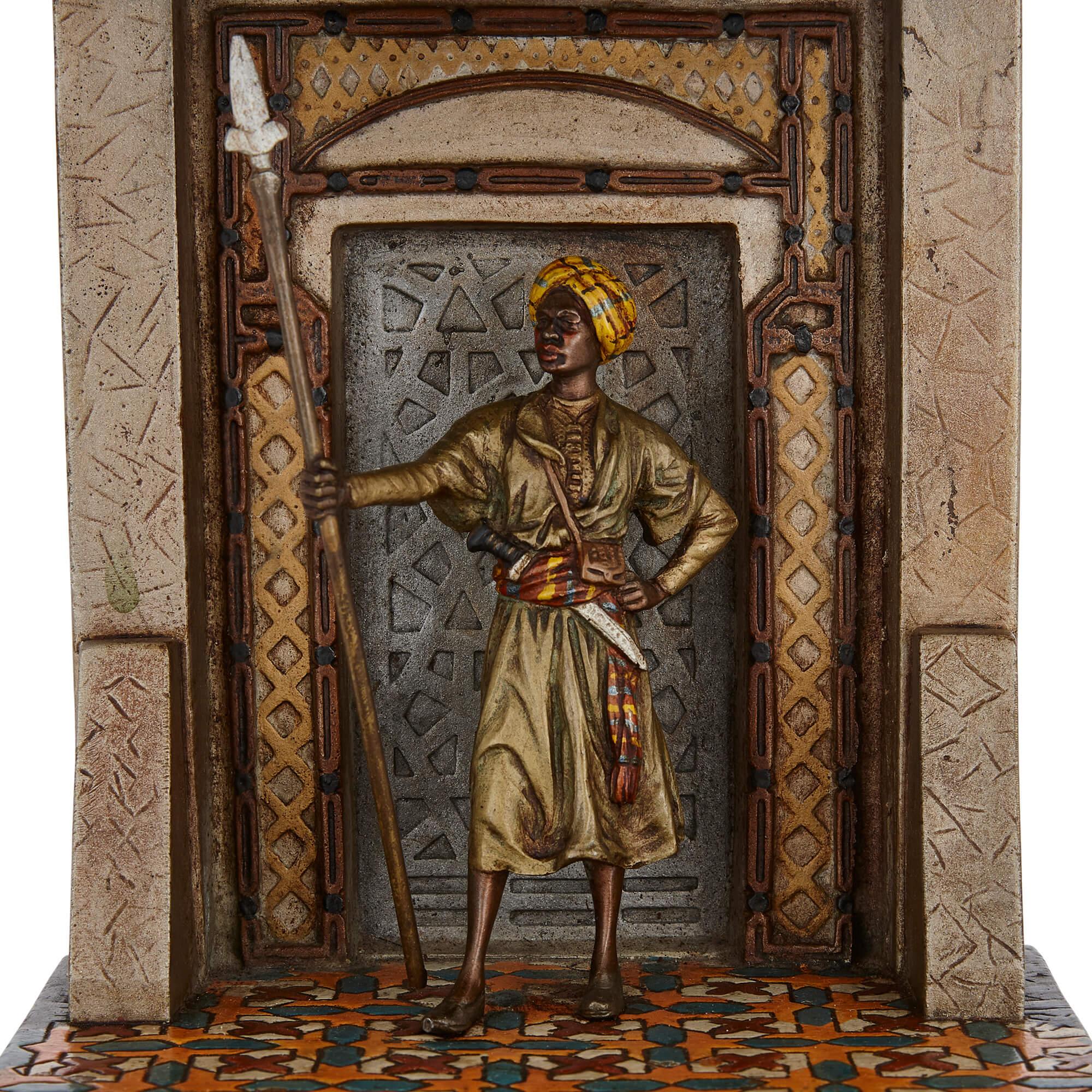 Large Austrian Cold-Painted Bronze Lamp of a Palace Guard by Bergman In Good Condition For Sale In London, GB