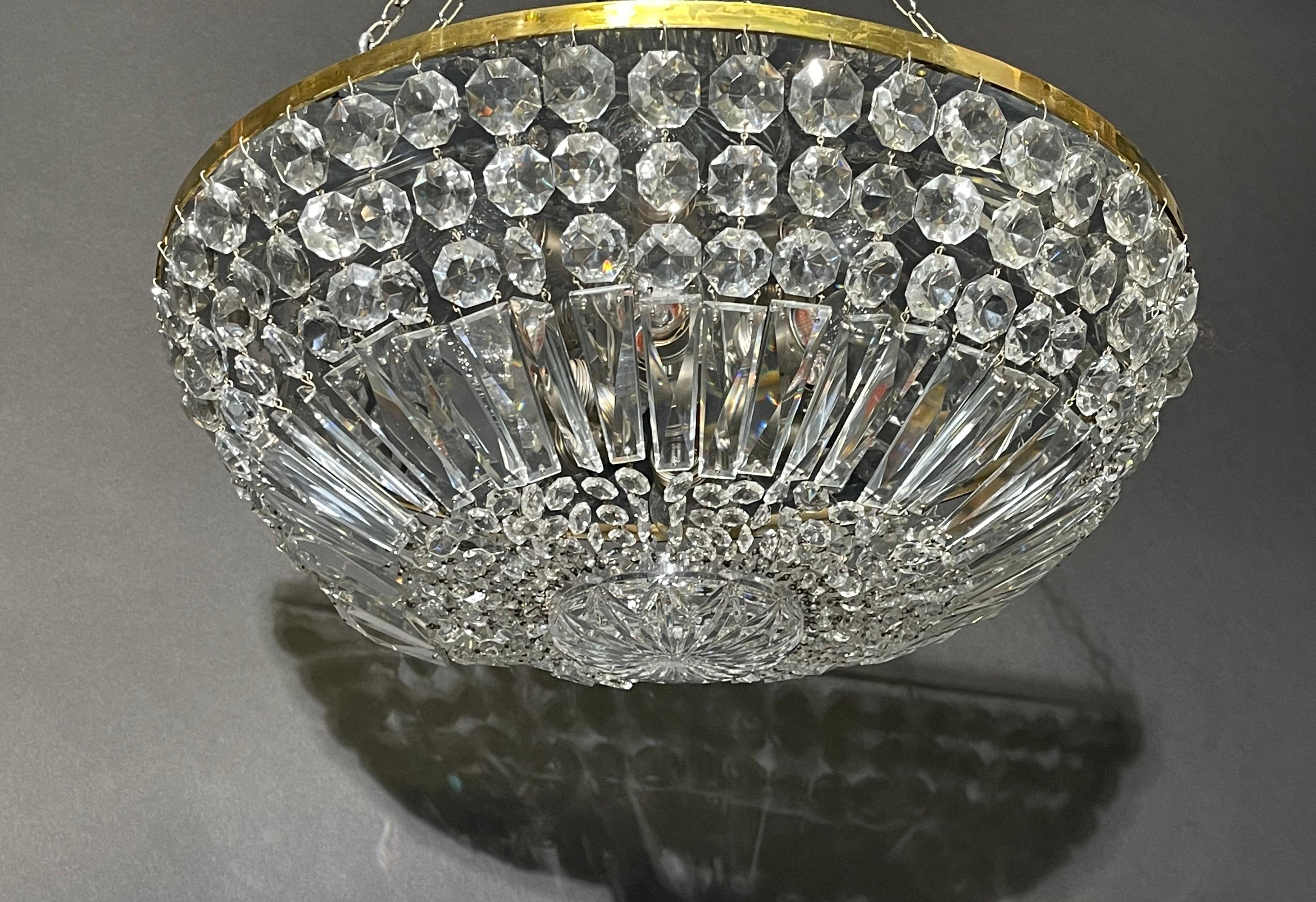 A large handcrafted cut-crystal and brass flush mount by Bakalowits & Soehne, Austria, circa 1940s.
Socket: for six screw bulbs (e27) or e26 (US standards).

 