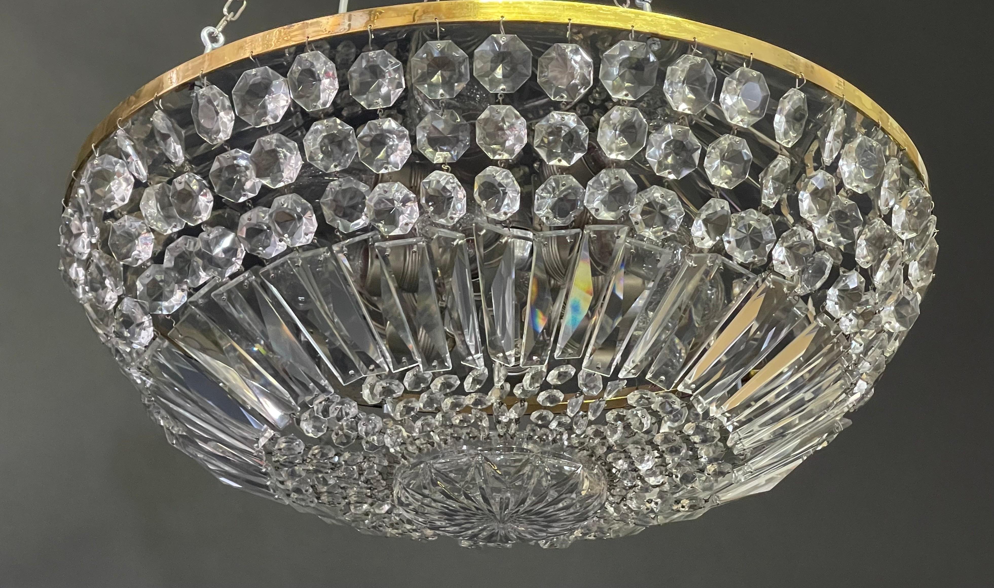Mid-Century Modern Large Austrian Cut - Crystal Flush Mount by W.Bakalowits, circa 1940s For Sale