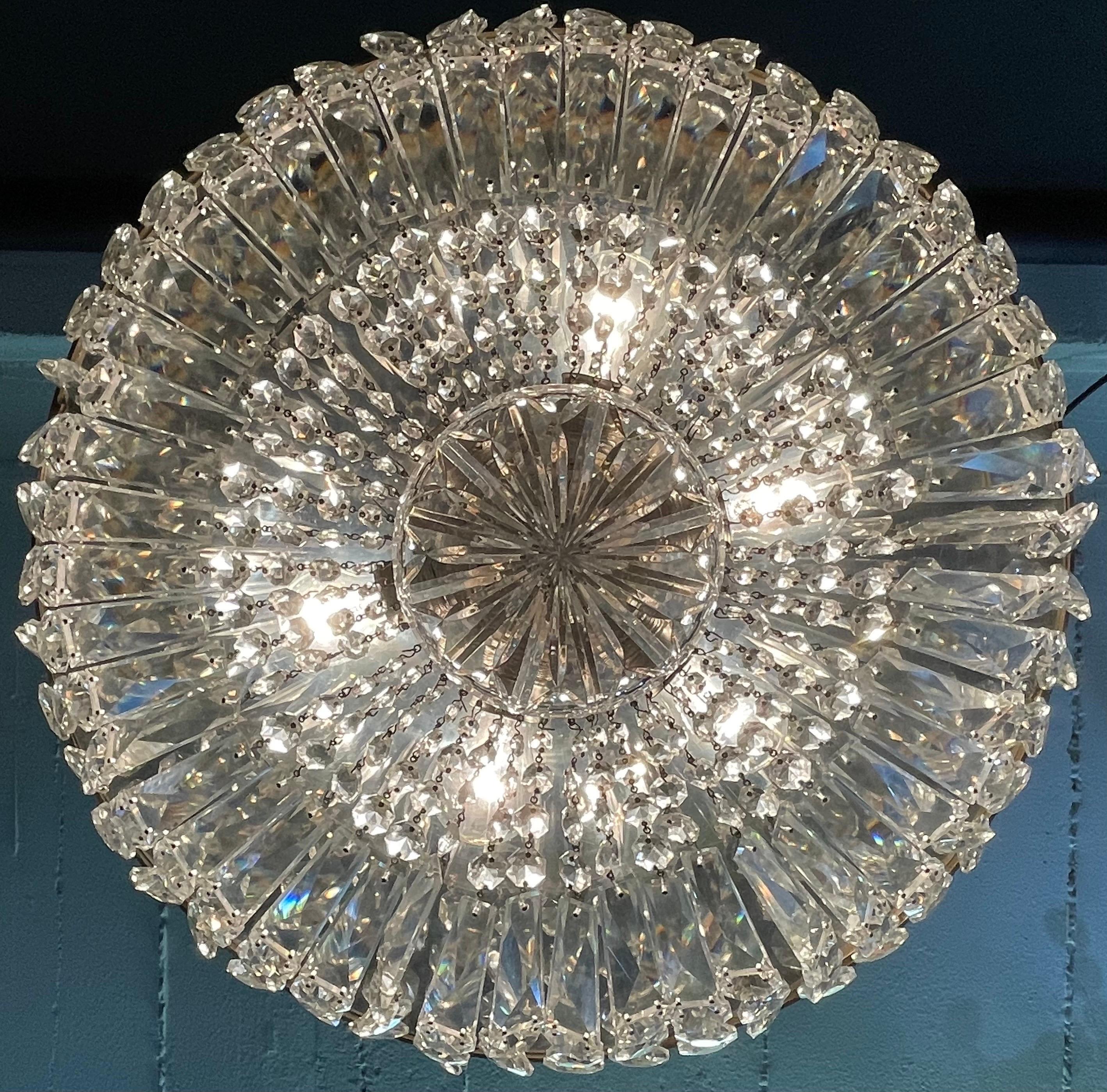 Brass Large Austrian Cut - Crystal Flush Mount by W.Bakalowits, circa 1940s For Sale
