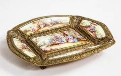 Large Austrian Hand Painted Viennese Enamel-Mounted Gilt-Metal Tray