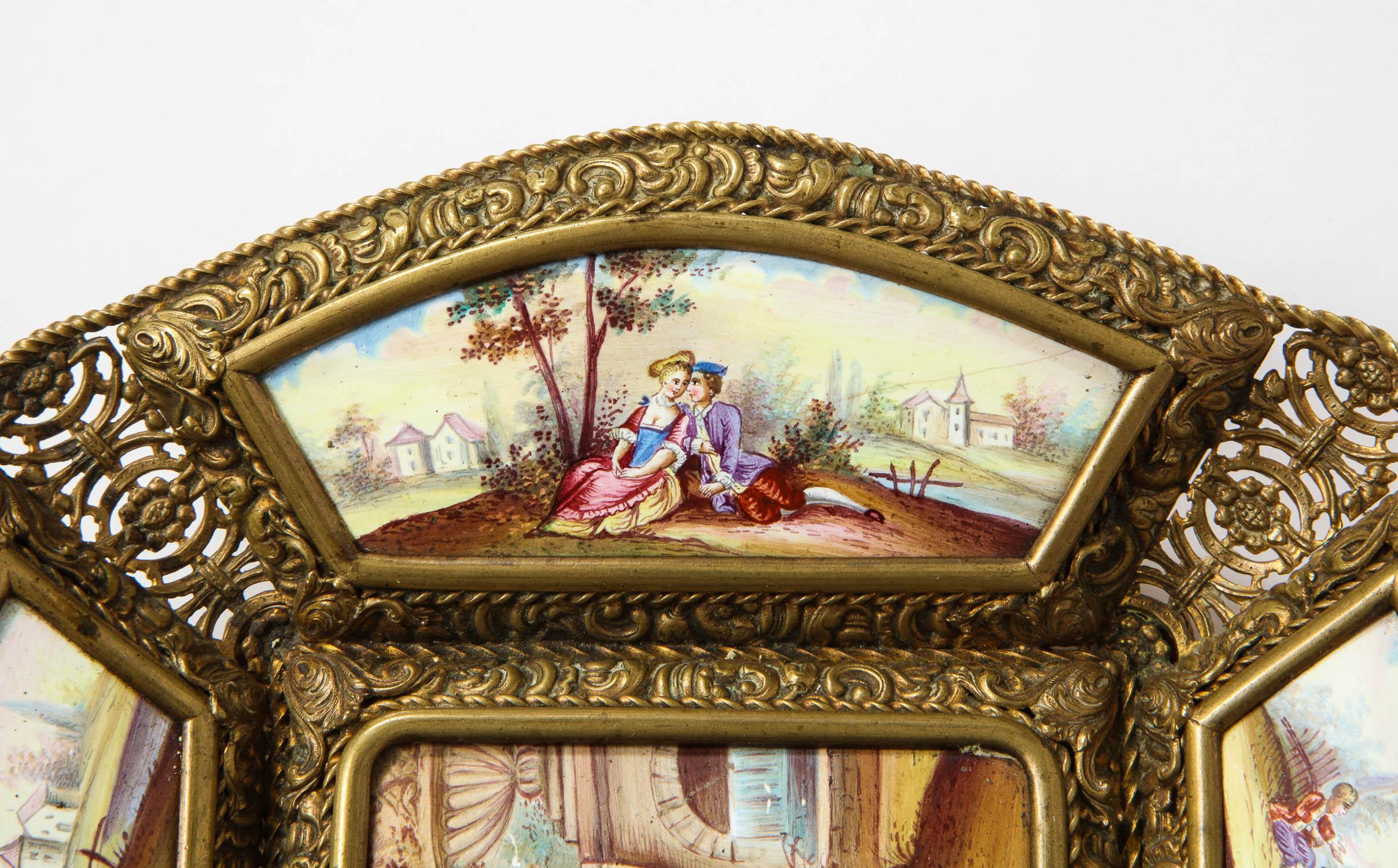 Large Austrian Hand Painted Viennese Enamel-Mounted Gilt-Metal Tray 1