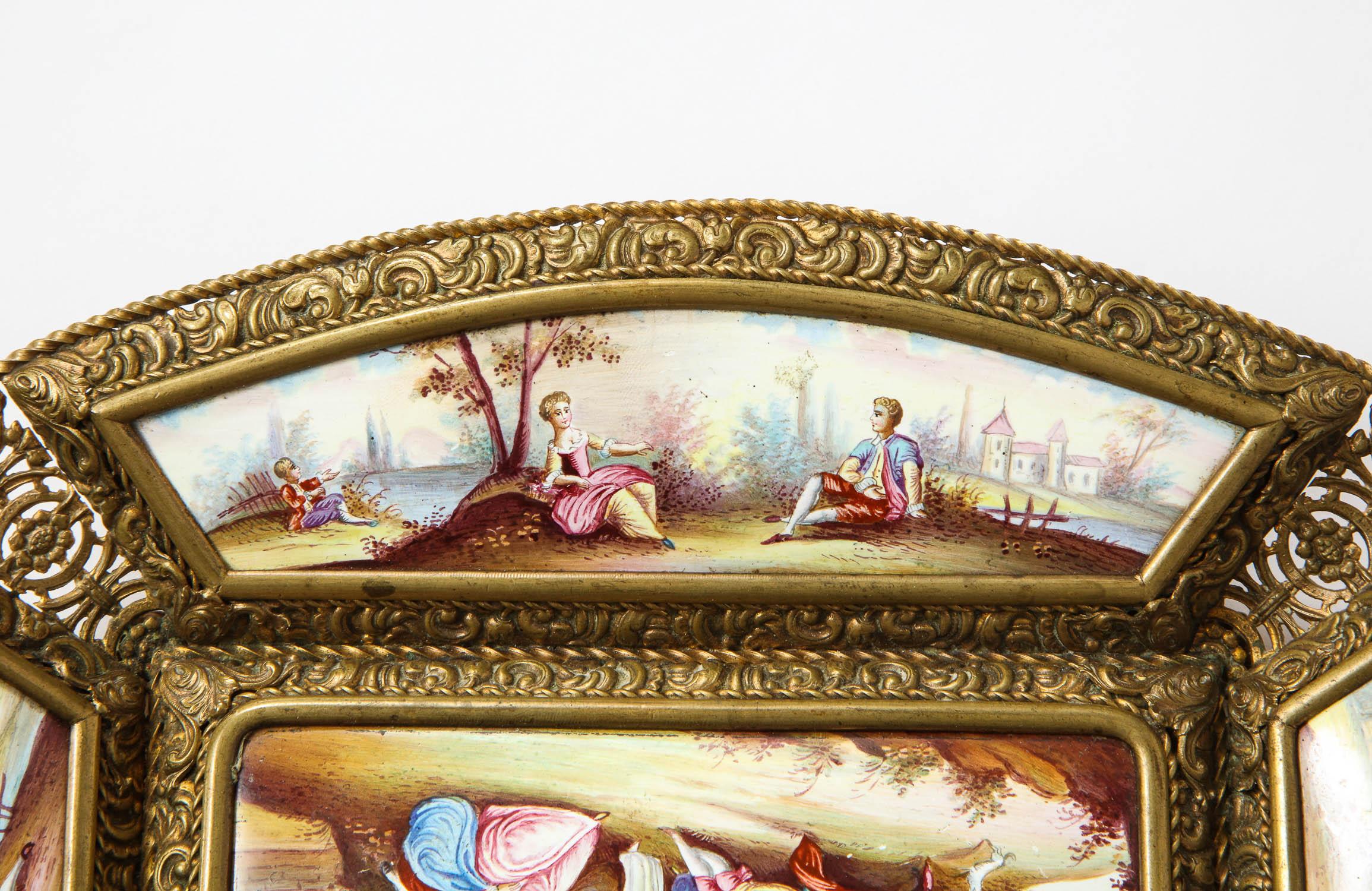 Large Austrian Hand Painted Viennese Enamel-Mounted Gilt-Metal Tray 2