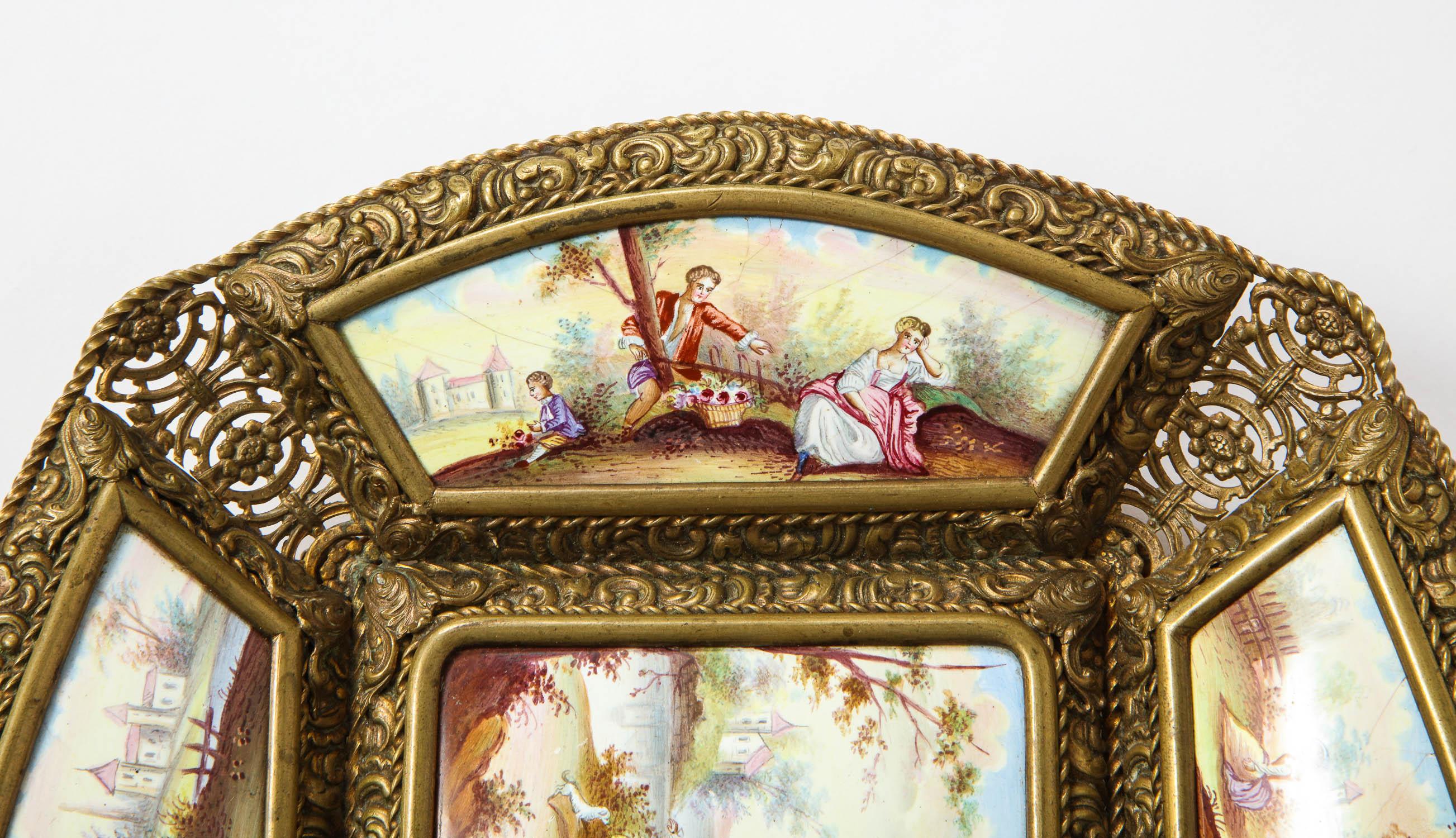 Large Austrian Hand Painted Viennese Enamel-Mounted Gilt-Metal Tray 3