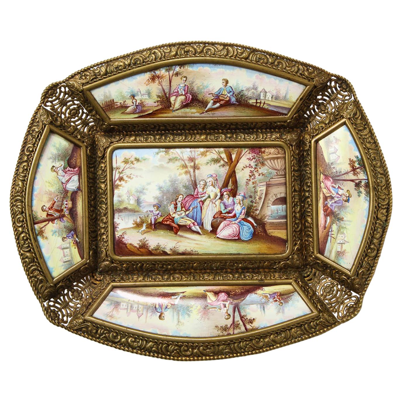 Large Austrian Hand Painted Viennese Enamel-Mounted Gilt-Metal Tray