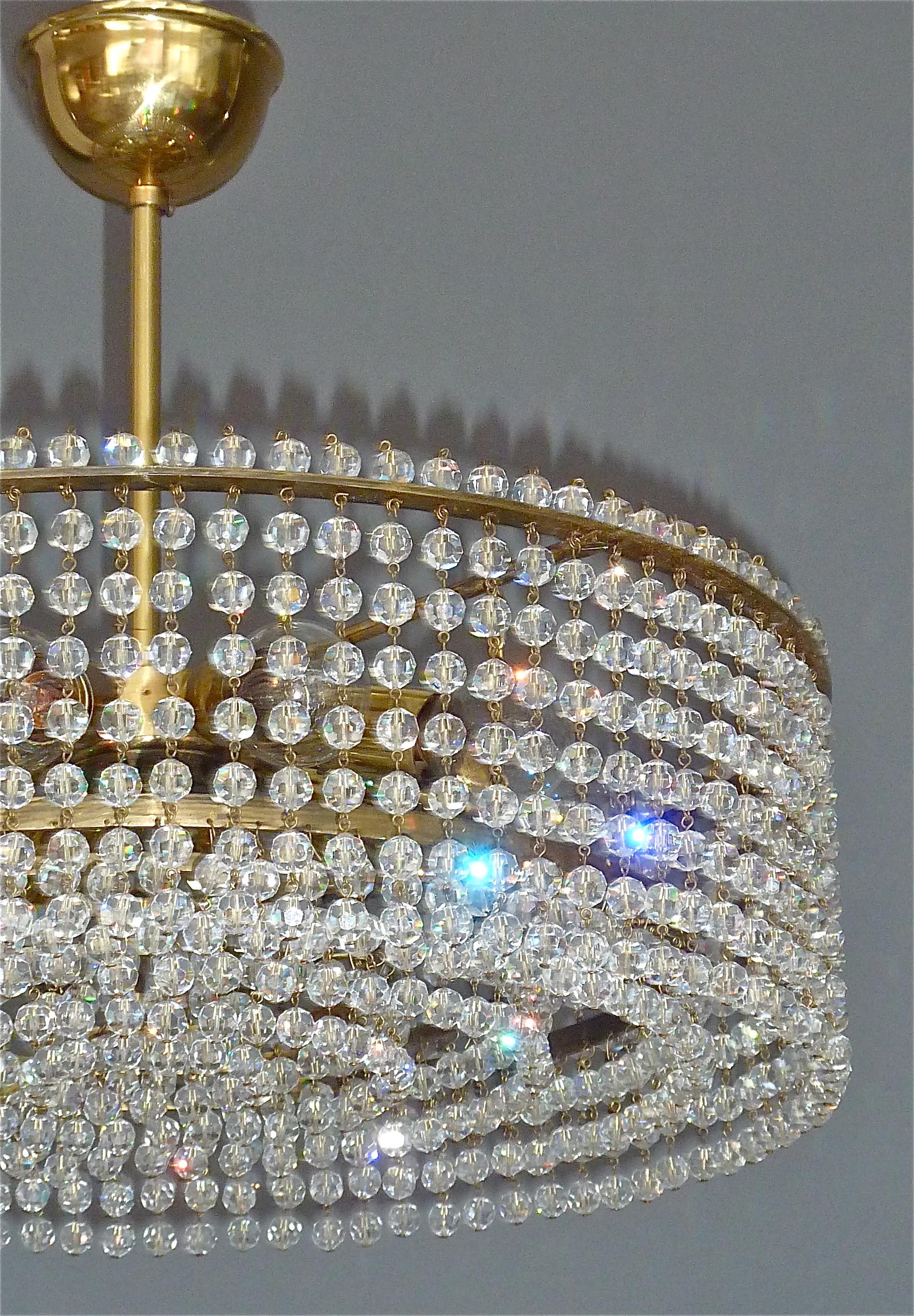 Mid-20th Century Large Austrian Lobmeyr Langzernsdorf Chandelier 1950 Faceted Crystal Glass Brass For Sale