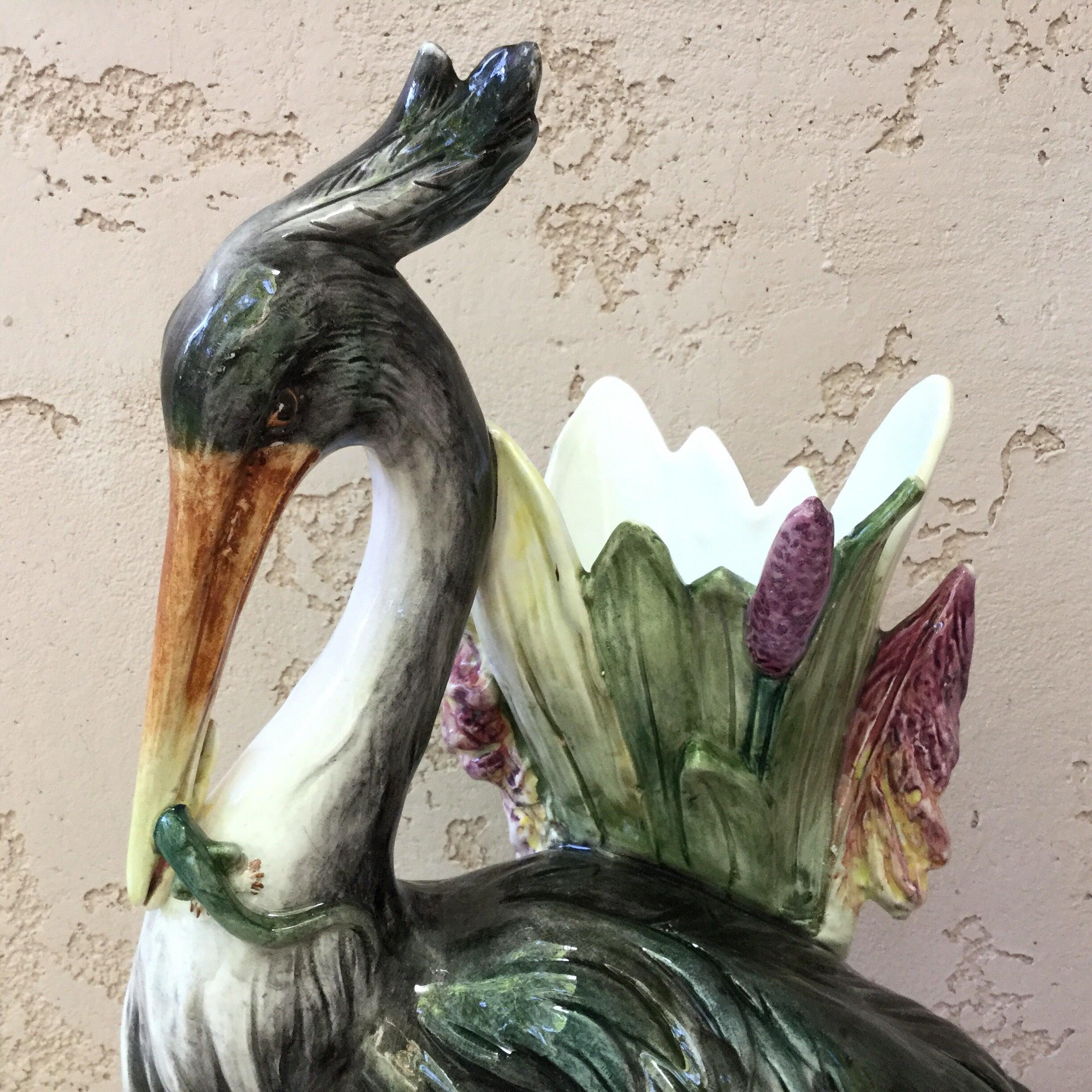 Art Nouveau Large Austrian Majolica Heron Vase, circa 1890