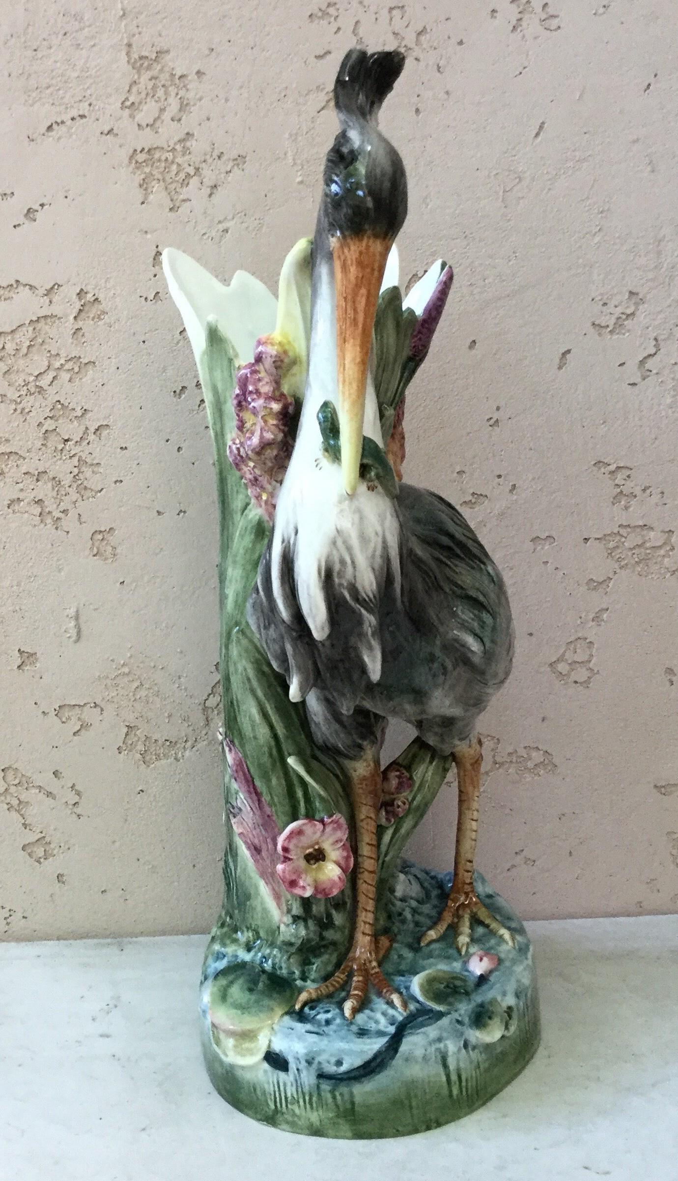 Ceramic Large Austrian Majolica Heron Vase, circa 1890