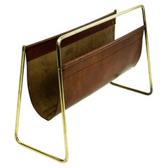 Large Austrian Midcentury Leather and Brass Magazine Rack by Carl Auböck