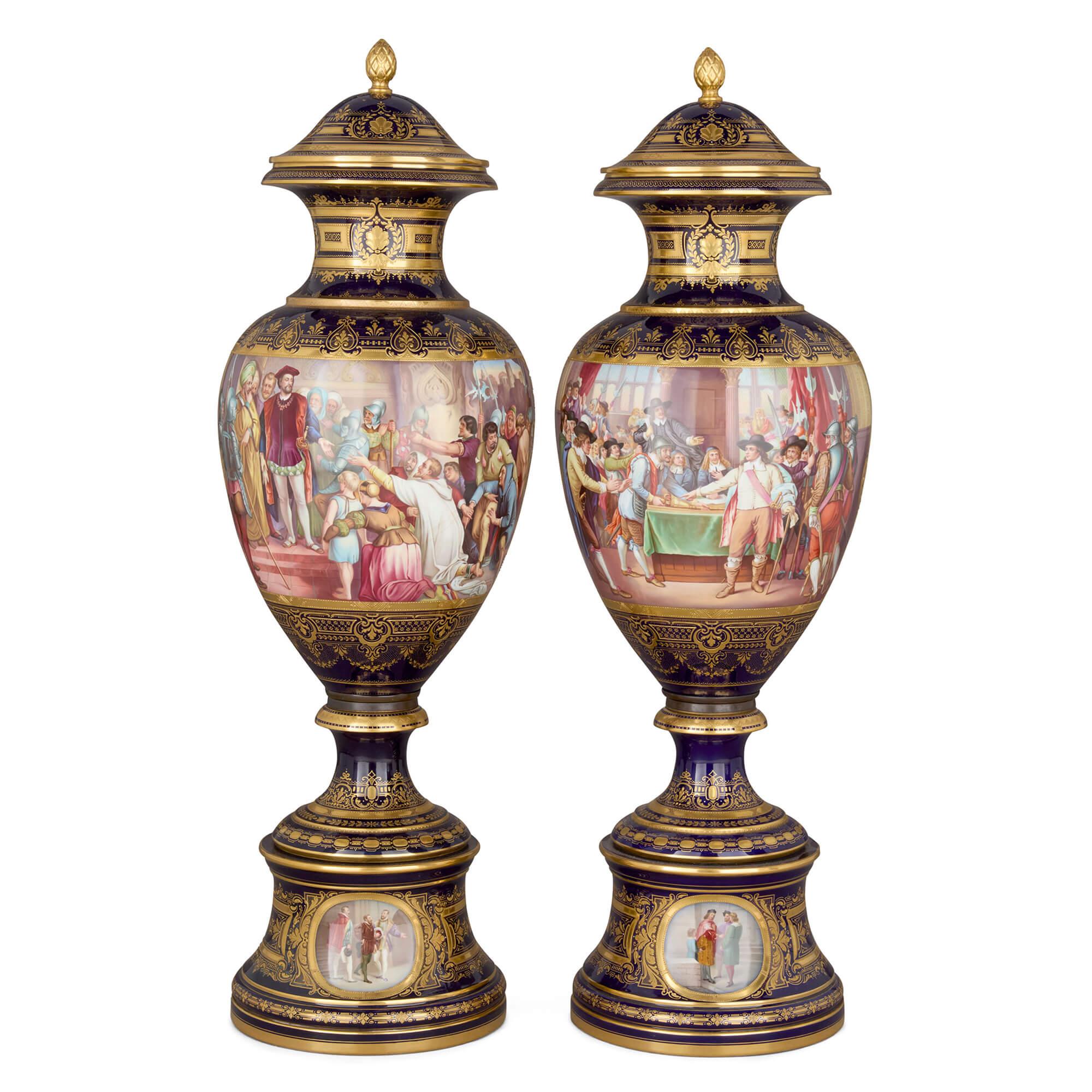 Large Austrian Neoclassical style porcelain vases by Royal Vienna 
Austrian, Late 19th Century 
Height 98cm, diameter 32cm

Crafted by the prestigious Royal Vienna Porcelain Manufactory, this exquisite pair of vases embodies the centuries-old