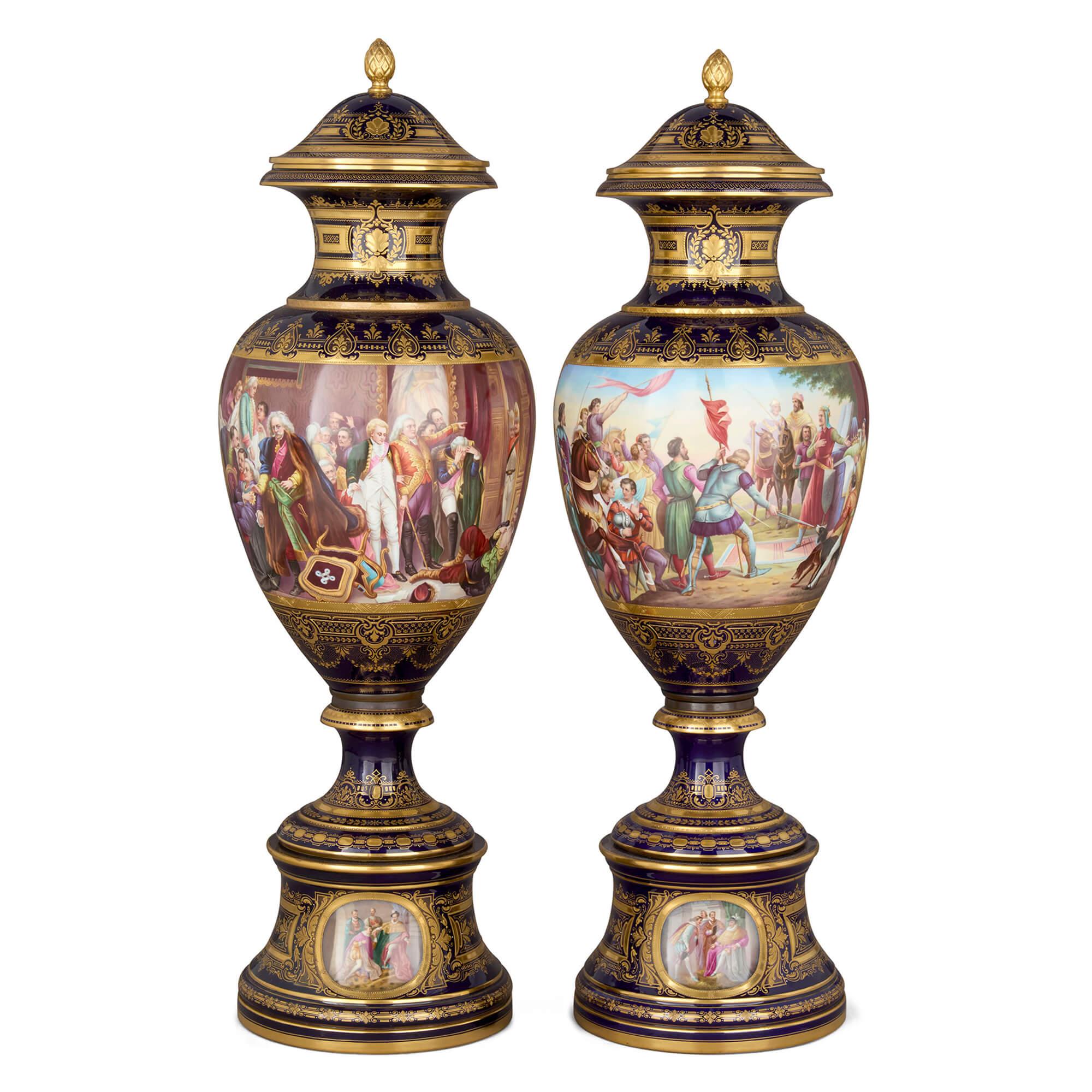 Fired Large Austrian Neoclassical Style Porcelain Vases by Royal Vienna For Sale