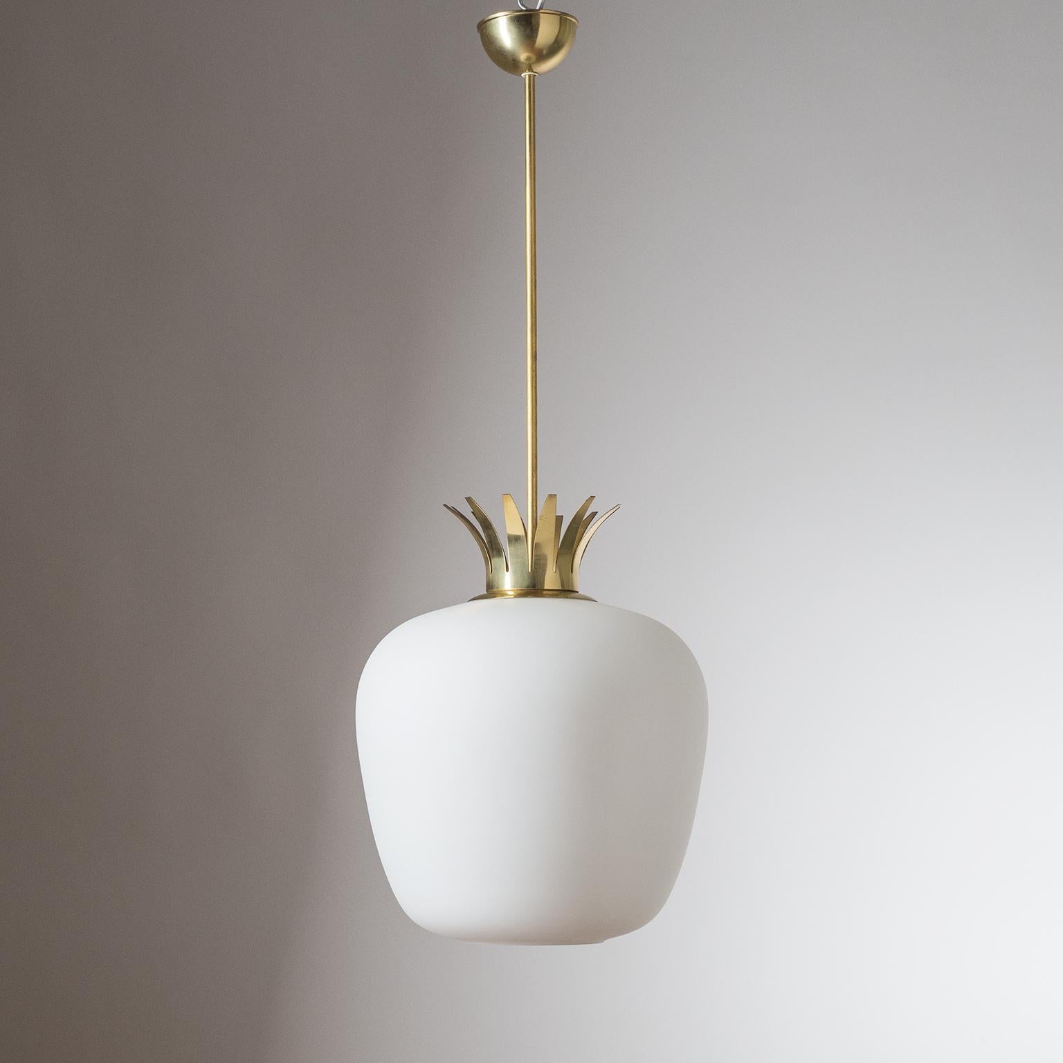 Rare Austrian pendant or lantern from the 1950s. A large and tapered satin glass diffuser with a brass 'crown' on top. One original brass E27 socket with new wiring. Height without stem is circa 15inches/39cm.