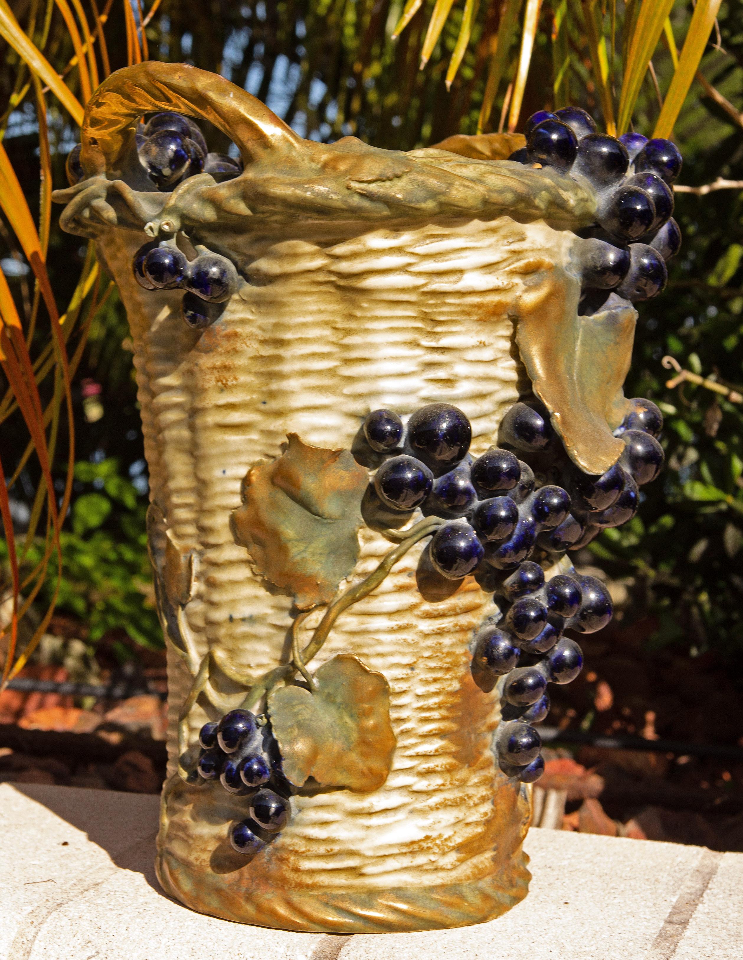 Fruit basket form vase by Amphora. Hand painted, circa 1900.