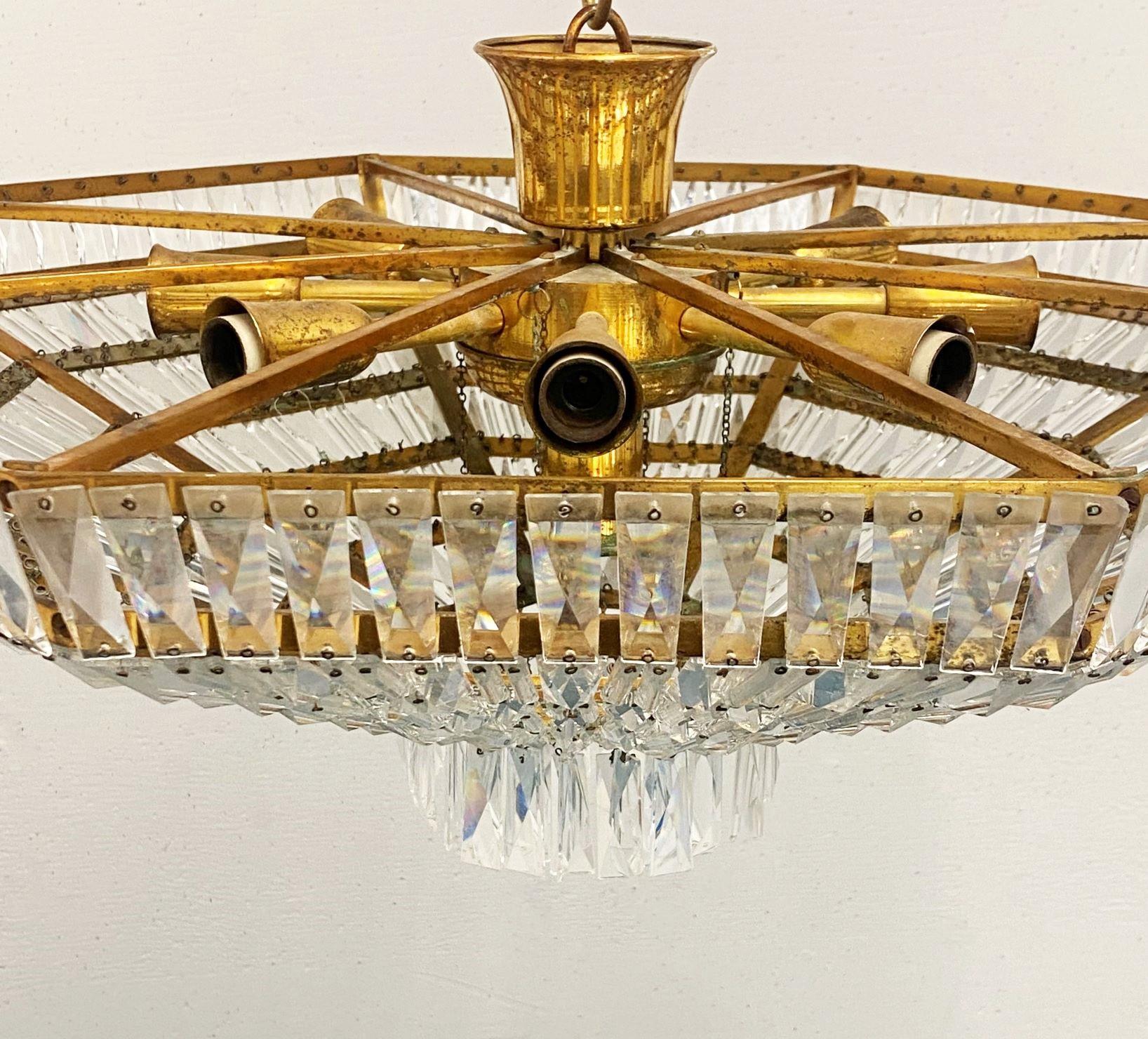 Huge Art Deco Swarovski Crystal Brass Chandelier, Austria, 1960s For Sale 9
