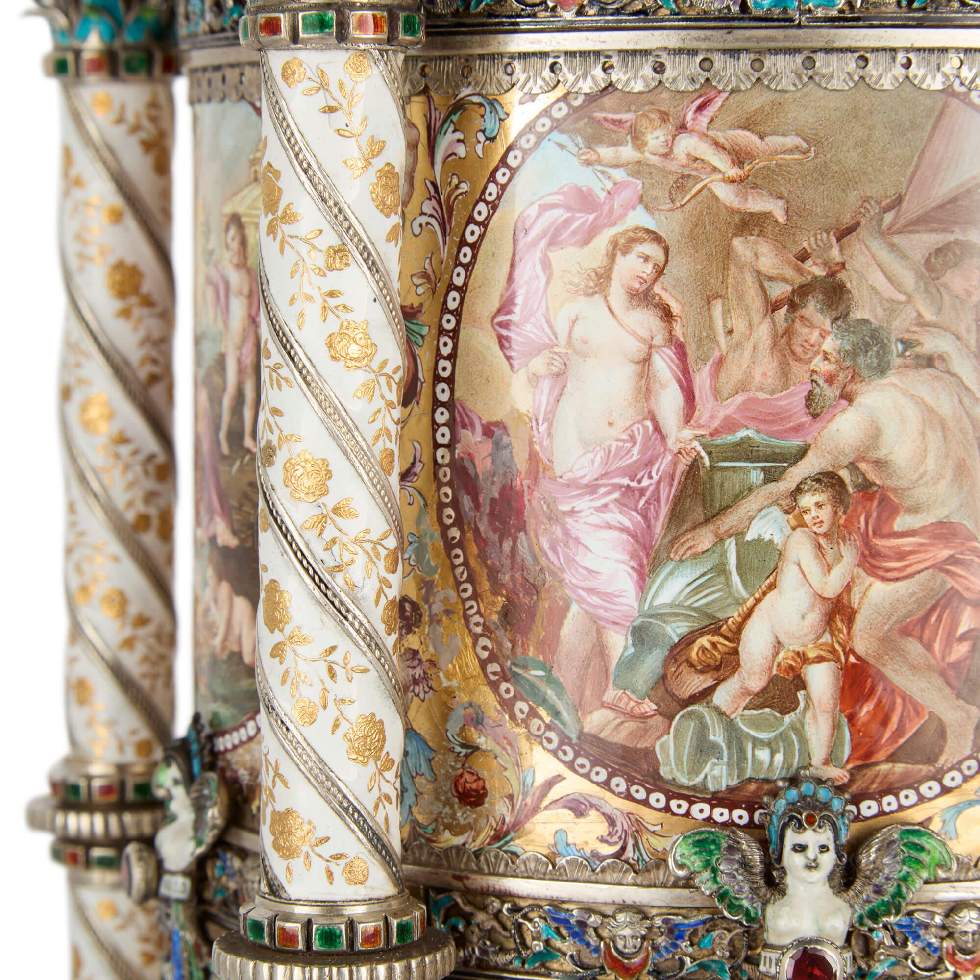 Large Austrian Renaissance Revival Silver and Enamel Clock by Hermann Böhm en venta 2