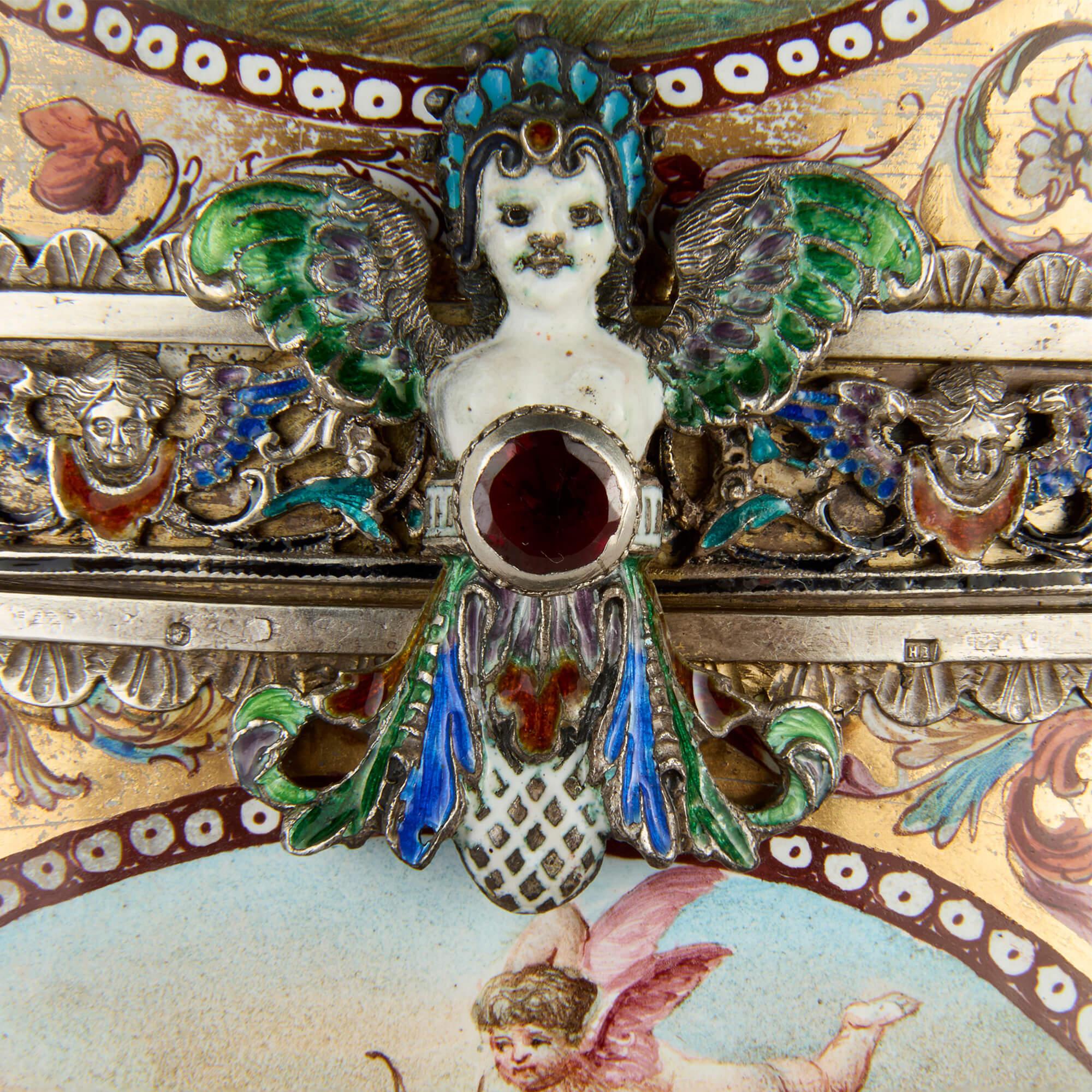 Large Austrian Renaissance Revival Silver and Enamel Clock by Hermann Böhm en venta 4