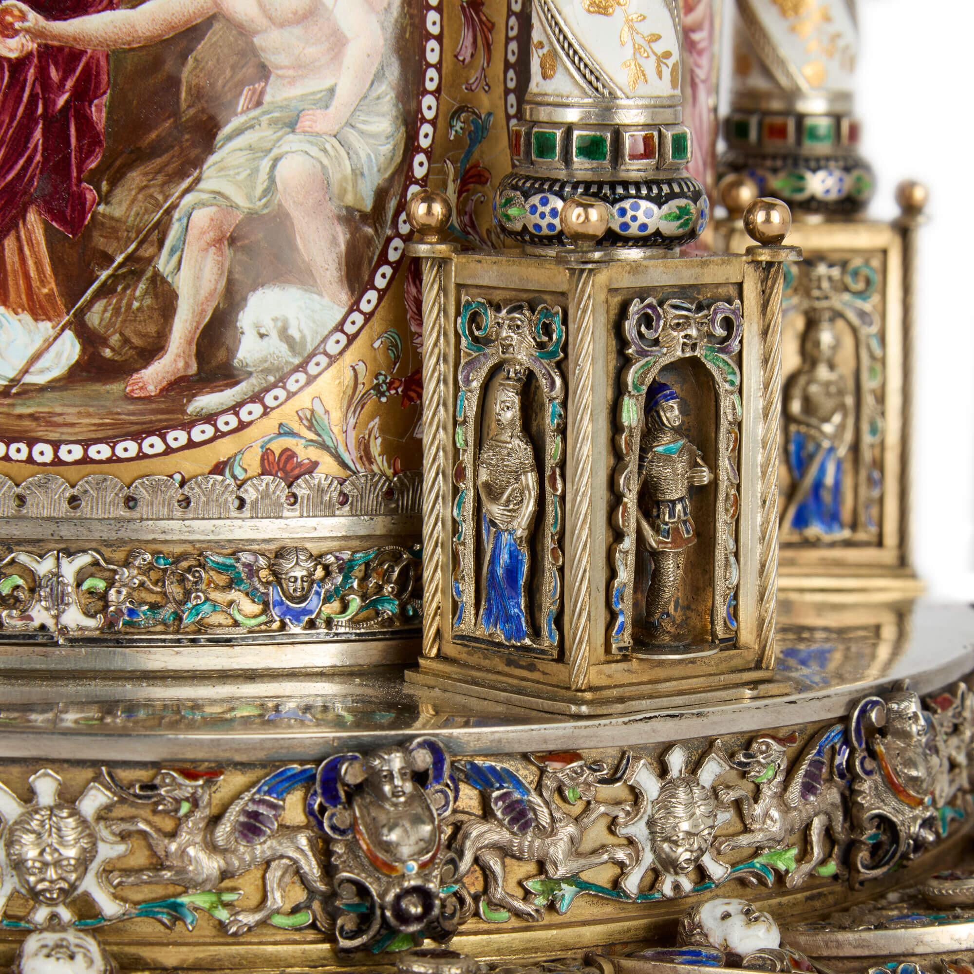 Large Austrian Renaissance Revival Silver and Enamel Clock by Hermann Böhm en venta 5